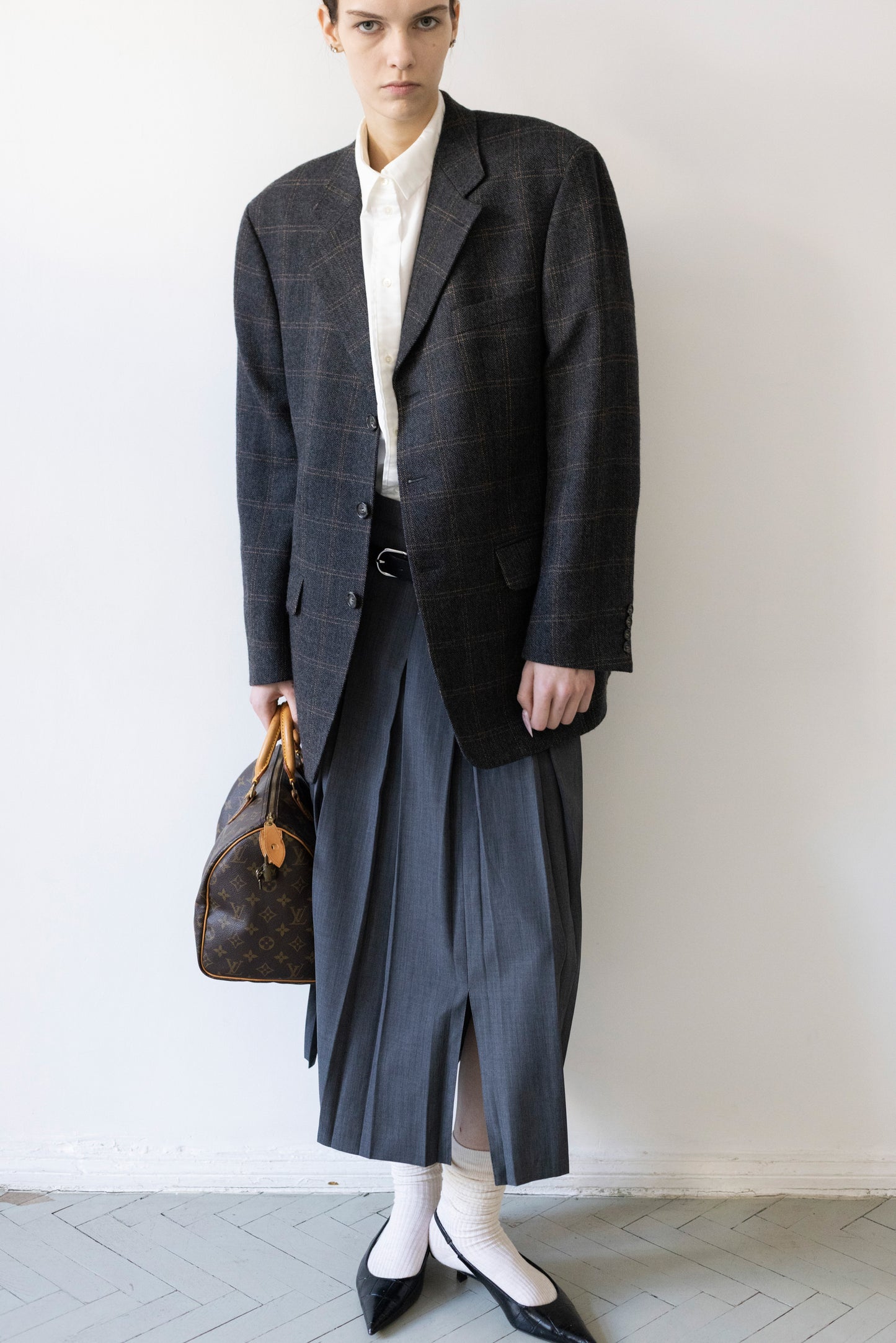 Vintage Grey Windowpane Check 100% Wool Blazer