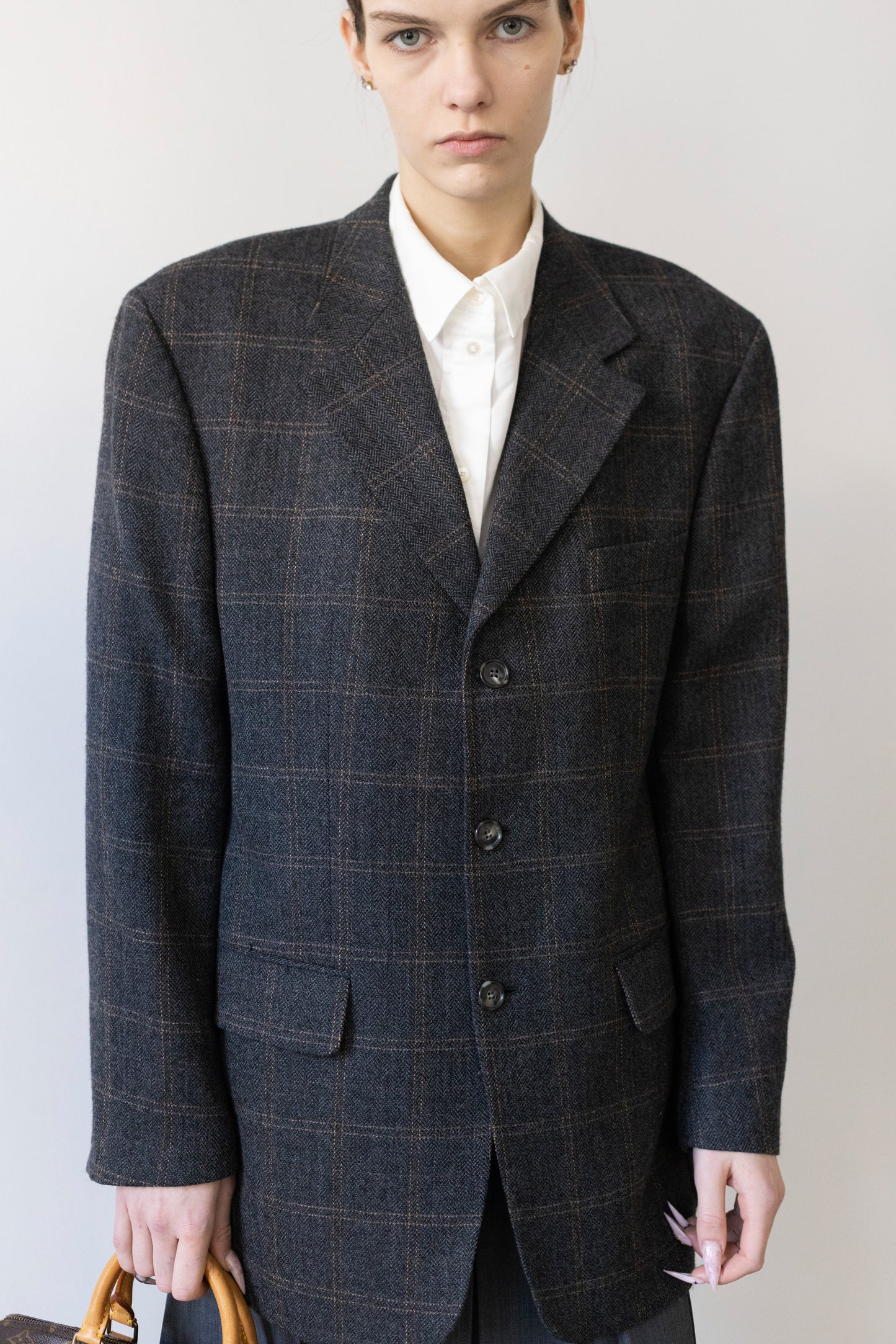 Vintage Grey Windowpane Check 100% Wool Blazer