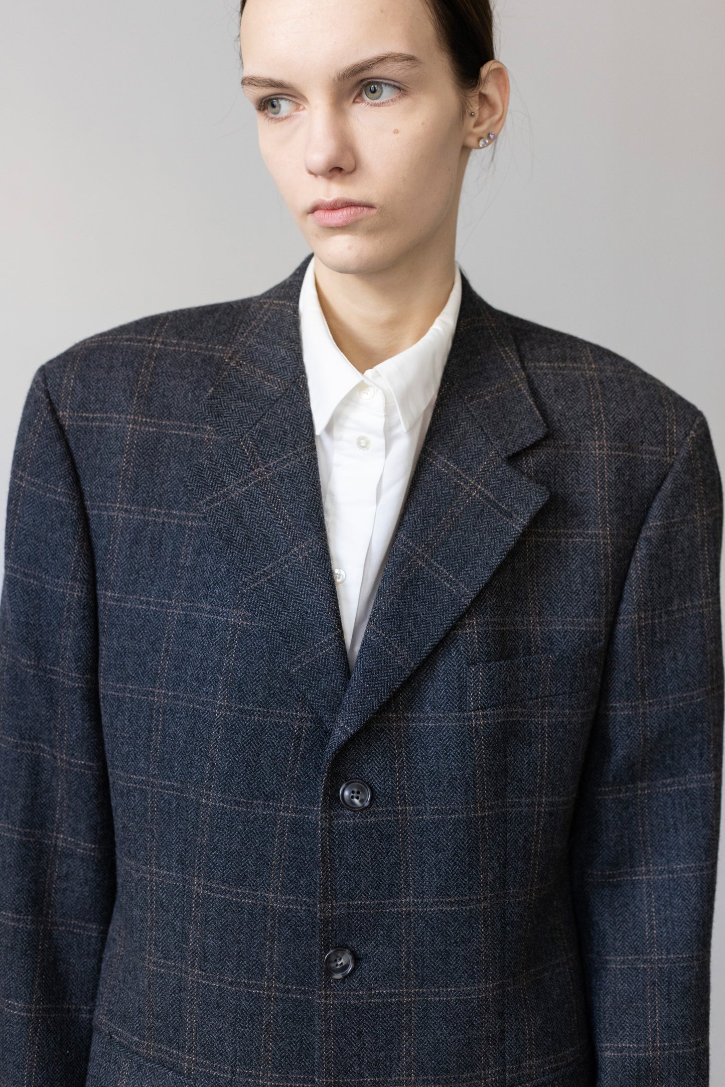 Vintage Grey Windowpane Check 100% Wool Blazer