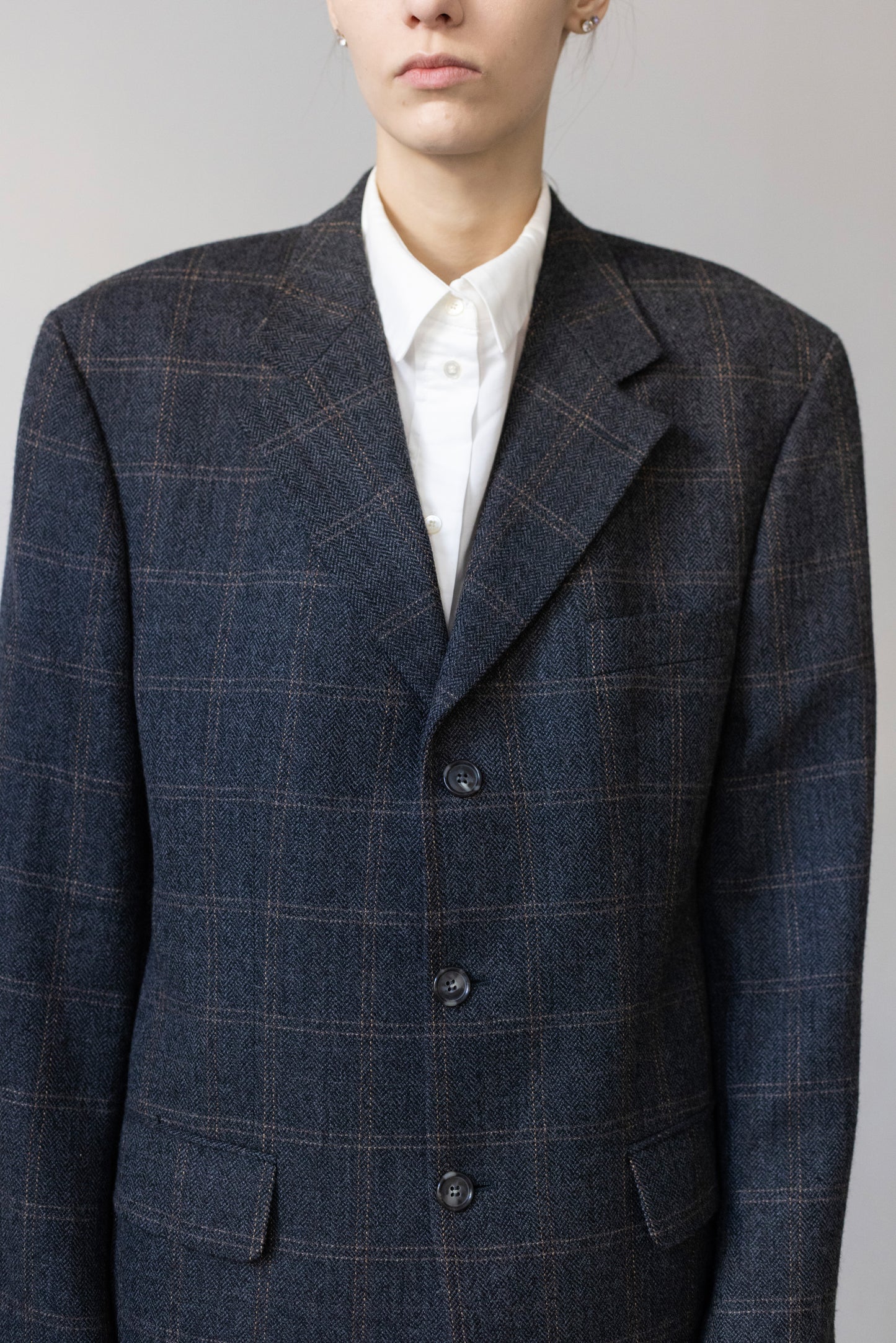Vintage Grey Windowpane Check 100% Wool Blazer