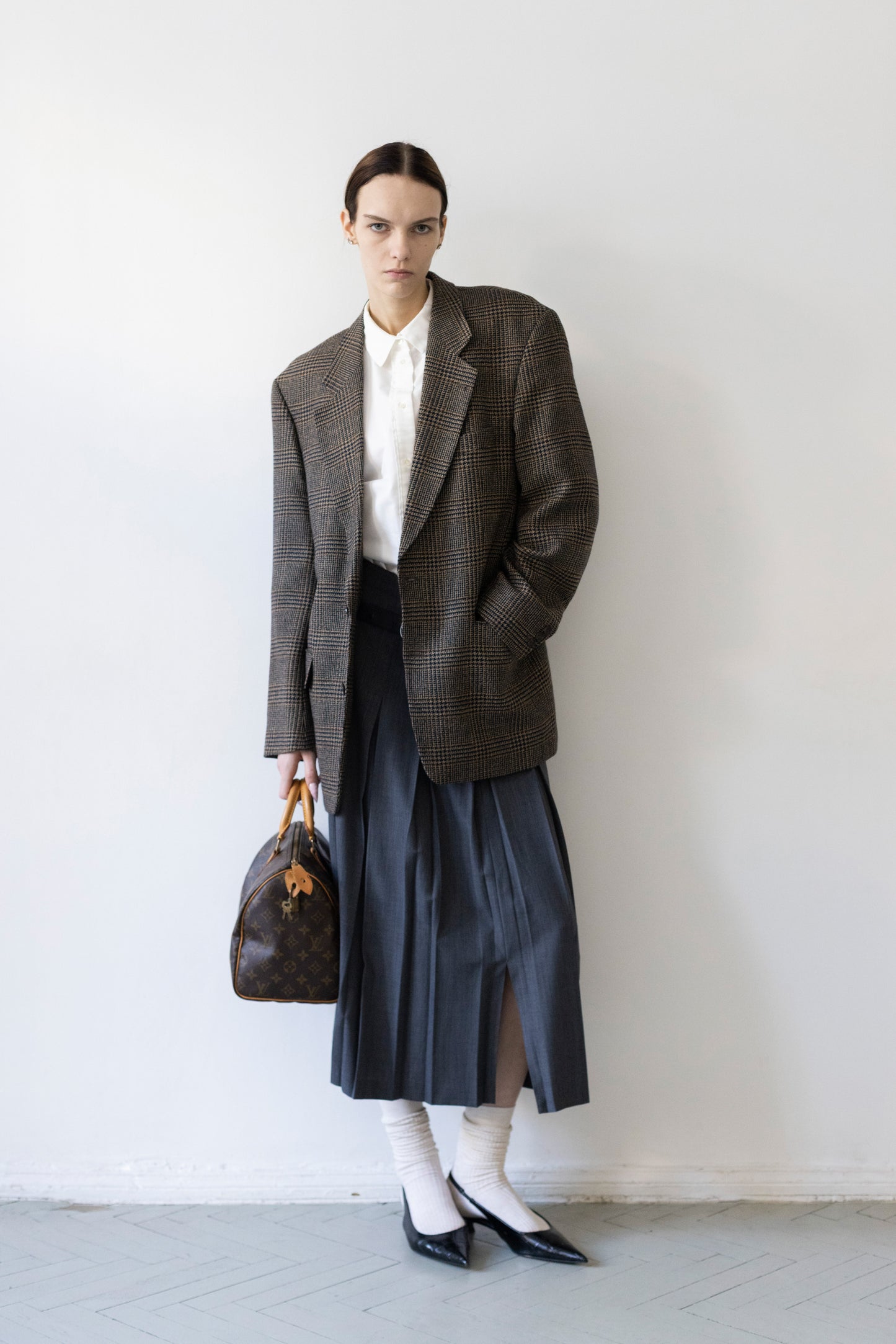 Vintage Brown Navy Plaid Check 100% Wool Blazer