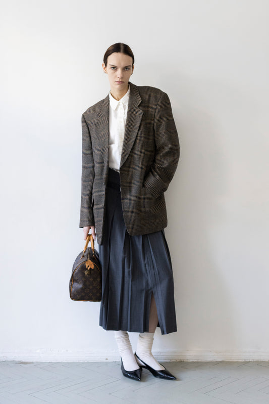 Vintage Brown Navy Plaid Check 100% Wool Blazer