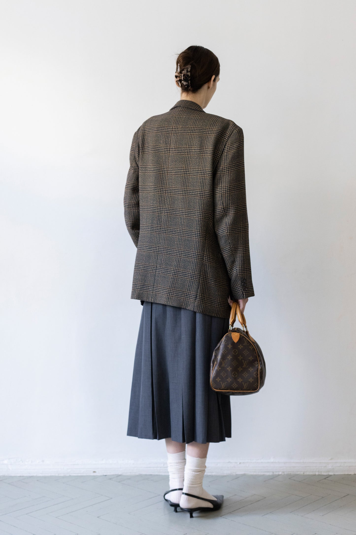 Vintage Brown Navy Plaid Check 100% Wool Blazer