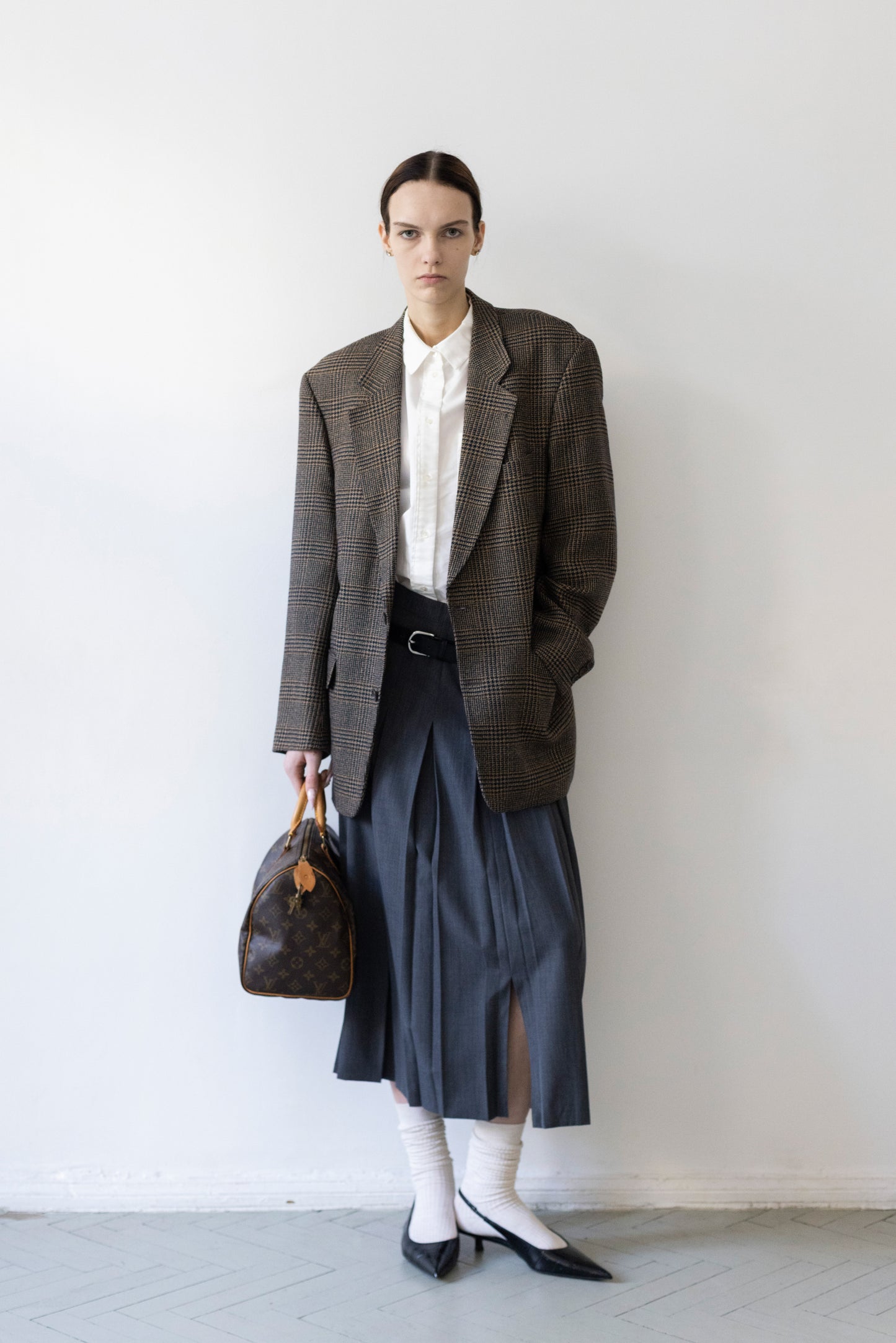 Vintage Brown Navy Plaid Check 100% Wool Blazer