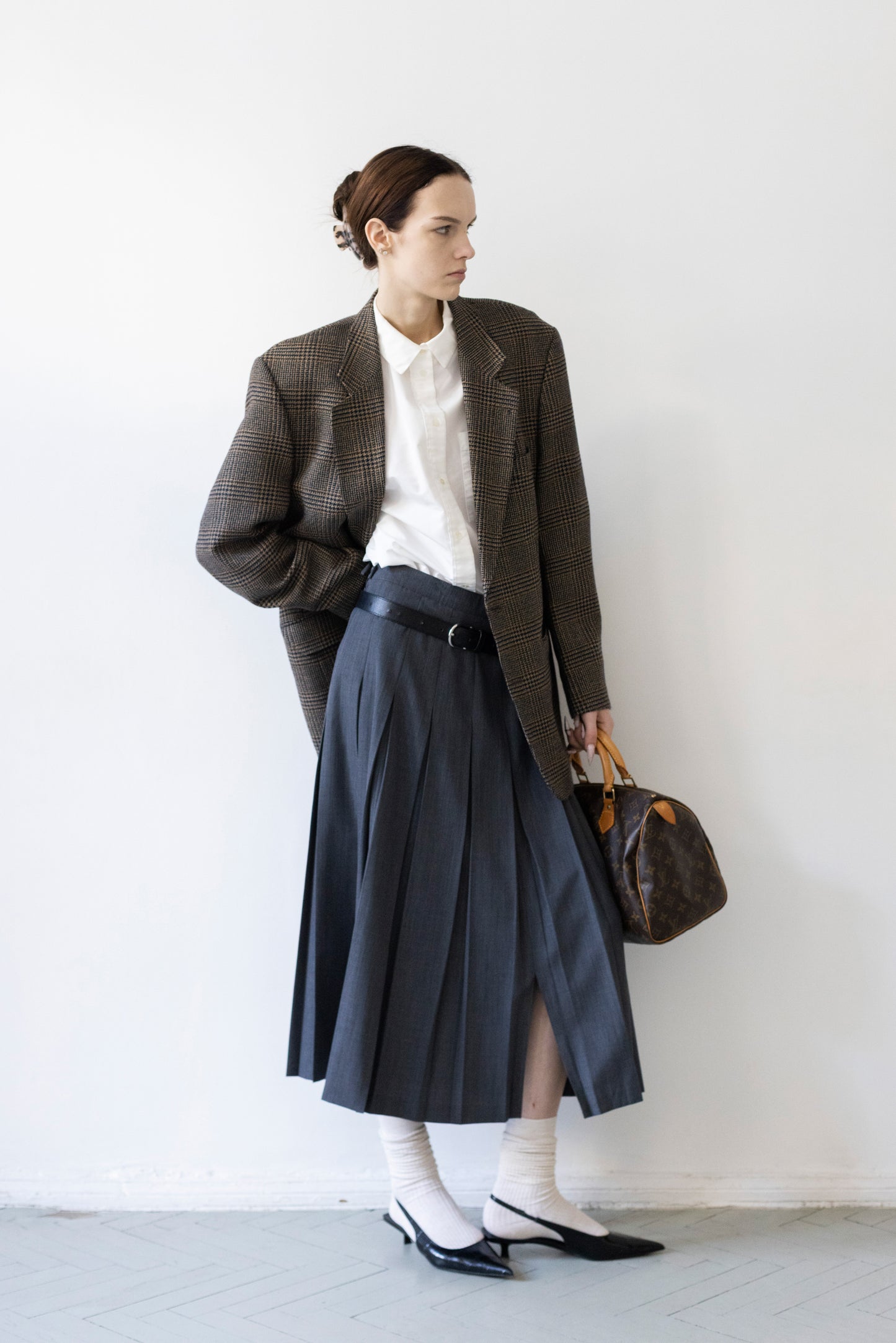 Vintage Brown Navy Plaid Check 100% Wool Blazer