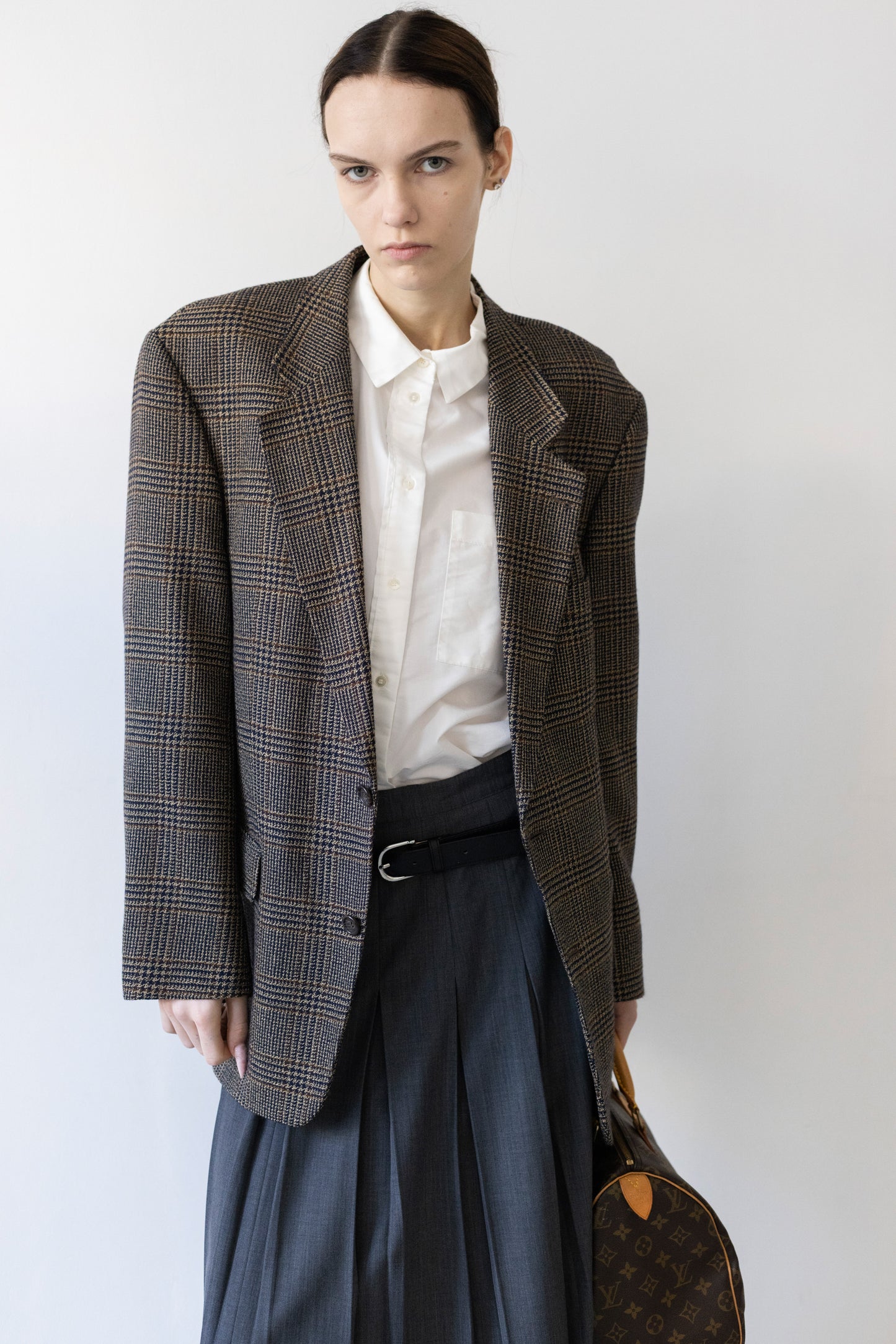 Vintage Brown Navy Plaid Check 100% Wool Blazer