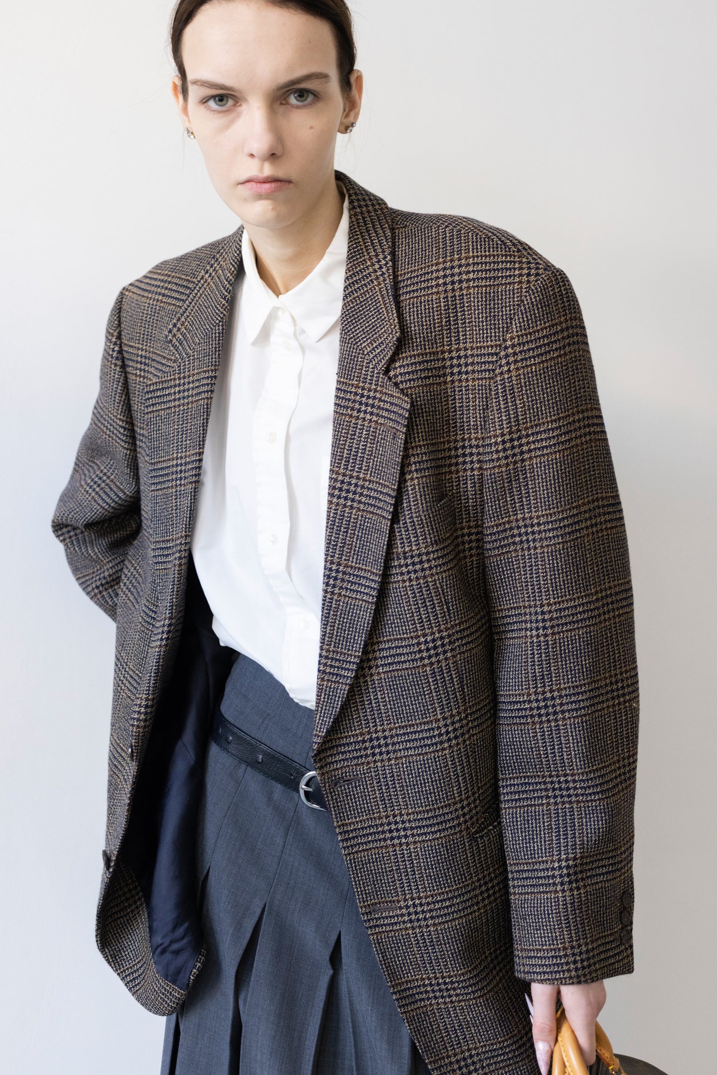 Vintage Brown Navy Plaid Check 100% Wool Blazer