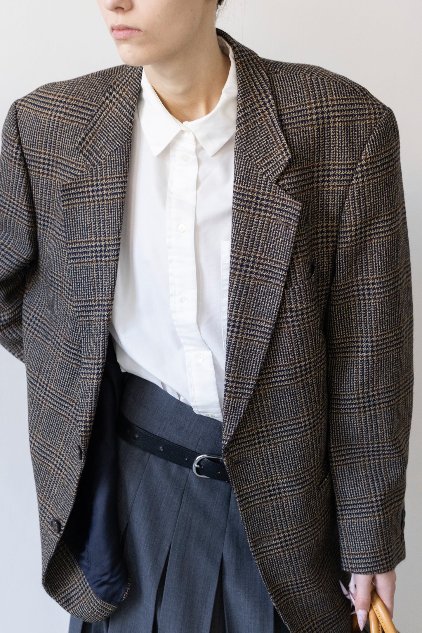 Vintage Brown Navy Plaid Check 100% Wool Blazer