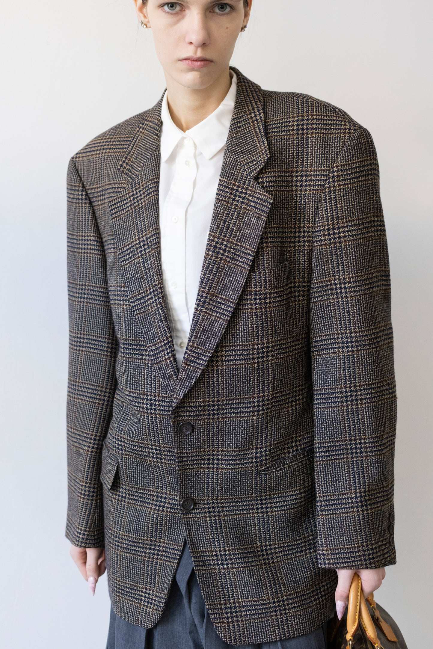 Vintage Brown Navy Plaid Check 100% Wool Blazer