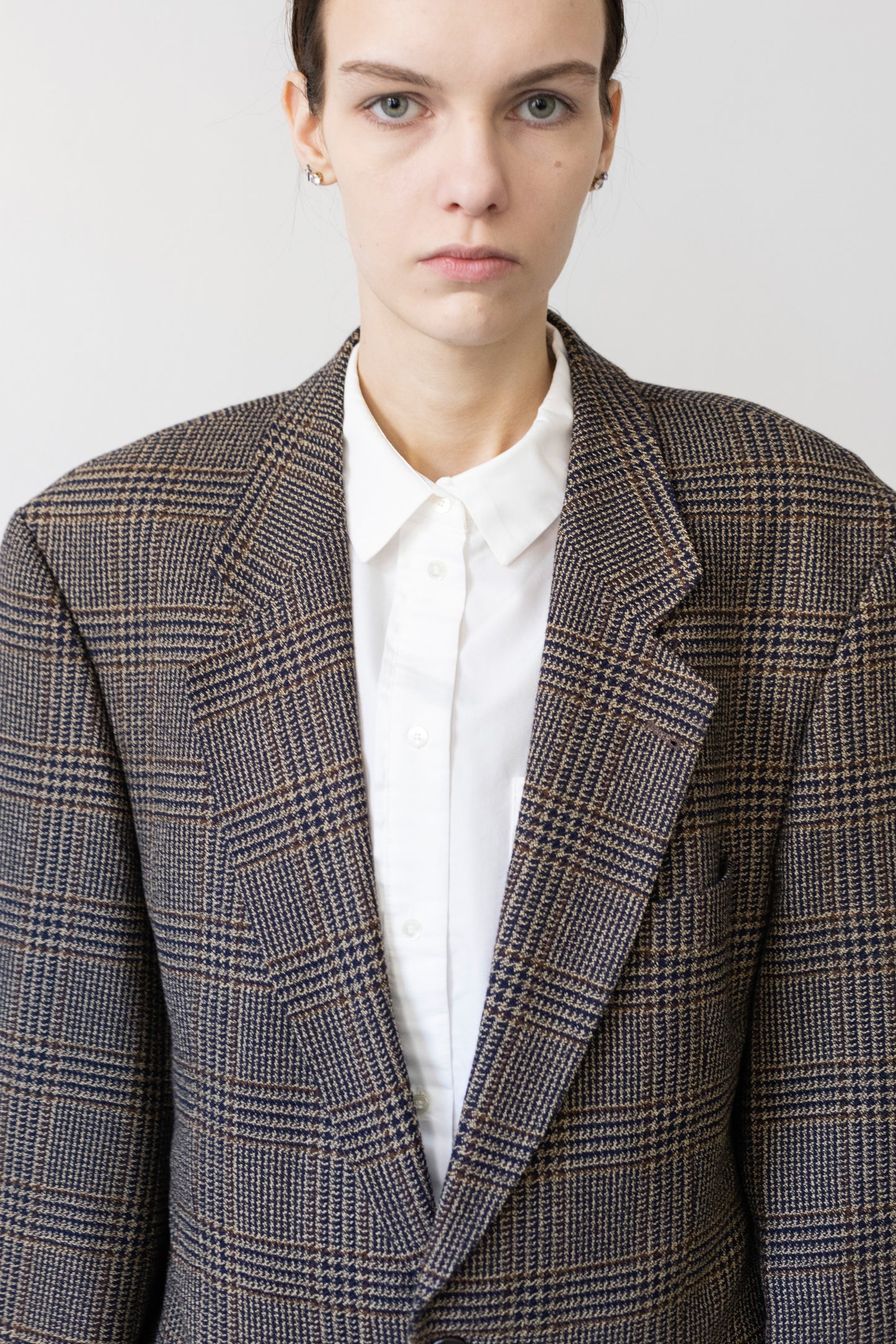 Vintage Brown Navy Plaid Check 100% Wool Blazer
