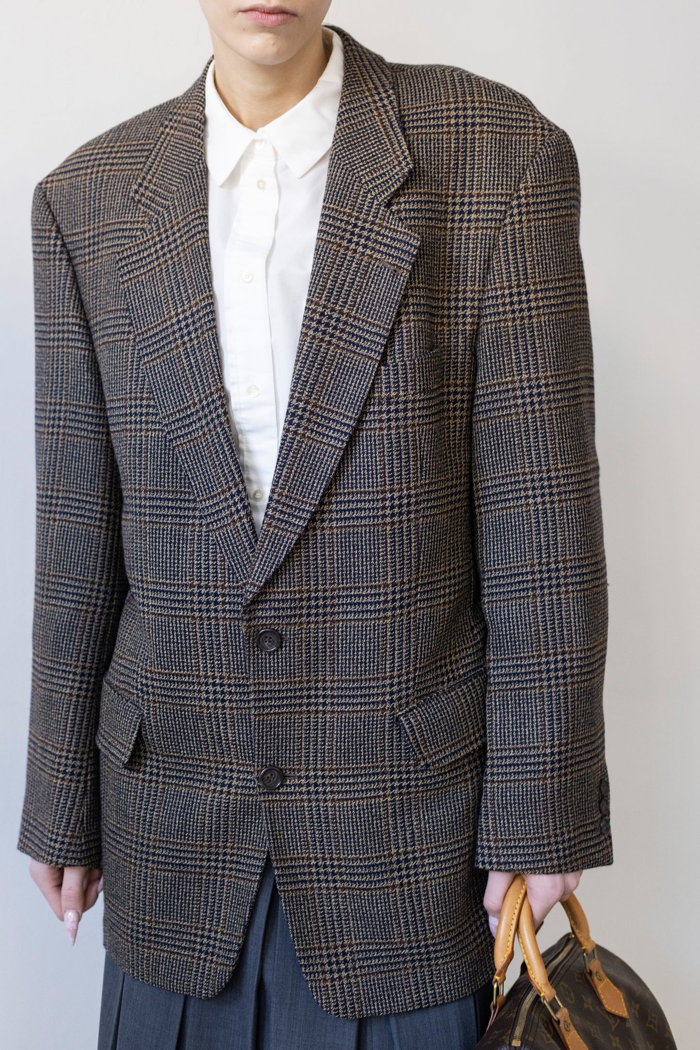 Vintage Brown Navy Plaid Check 100% Wool Blazer