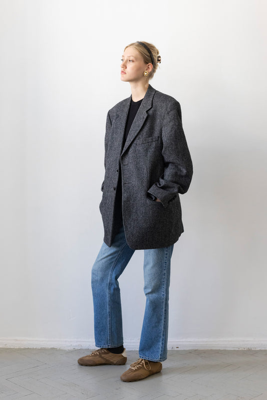 Vintage Grey Chevron 100% Wool Tweed Blazer