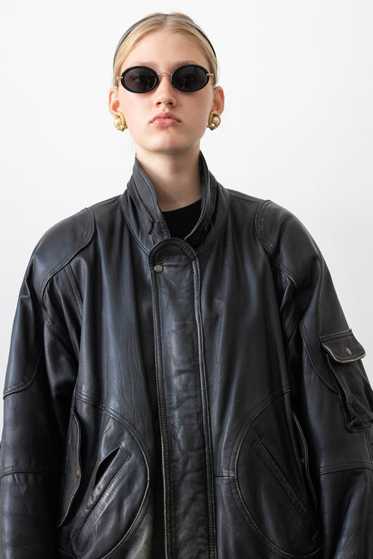 Vintage Black Leather Bomber Jacket