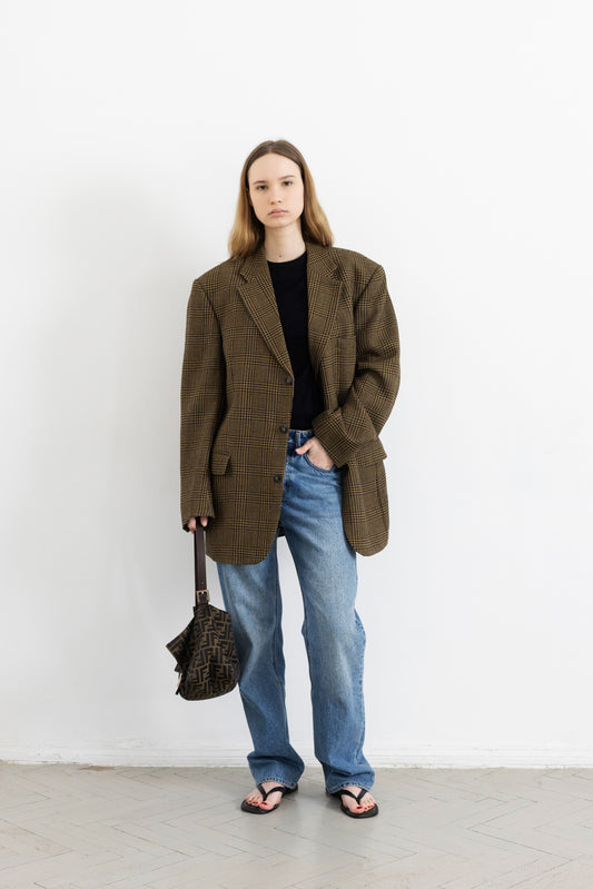 Vintage Brown Plaid 100% Wool Blazer