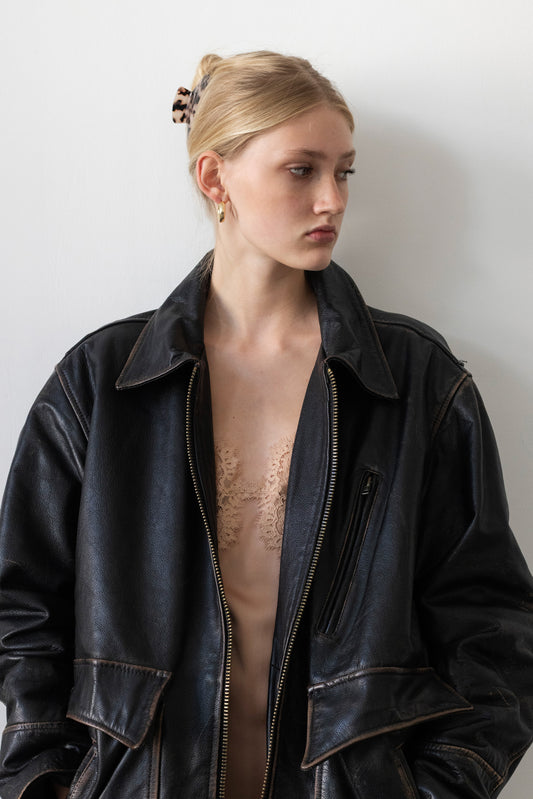 Vintage Oversized Distressed Brown Leather Jacket