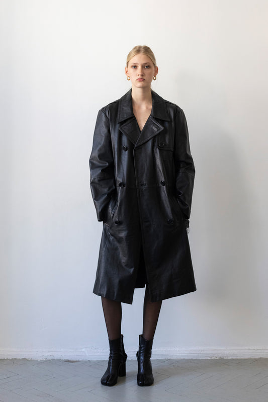 Vintage Black Leather Trench Coat