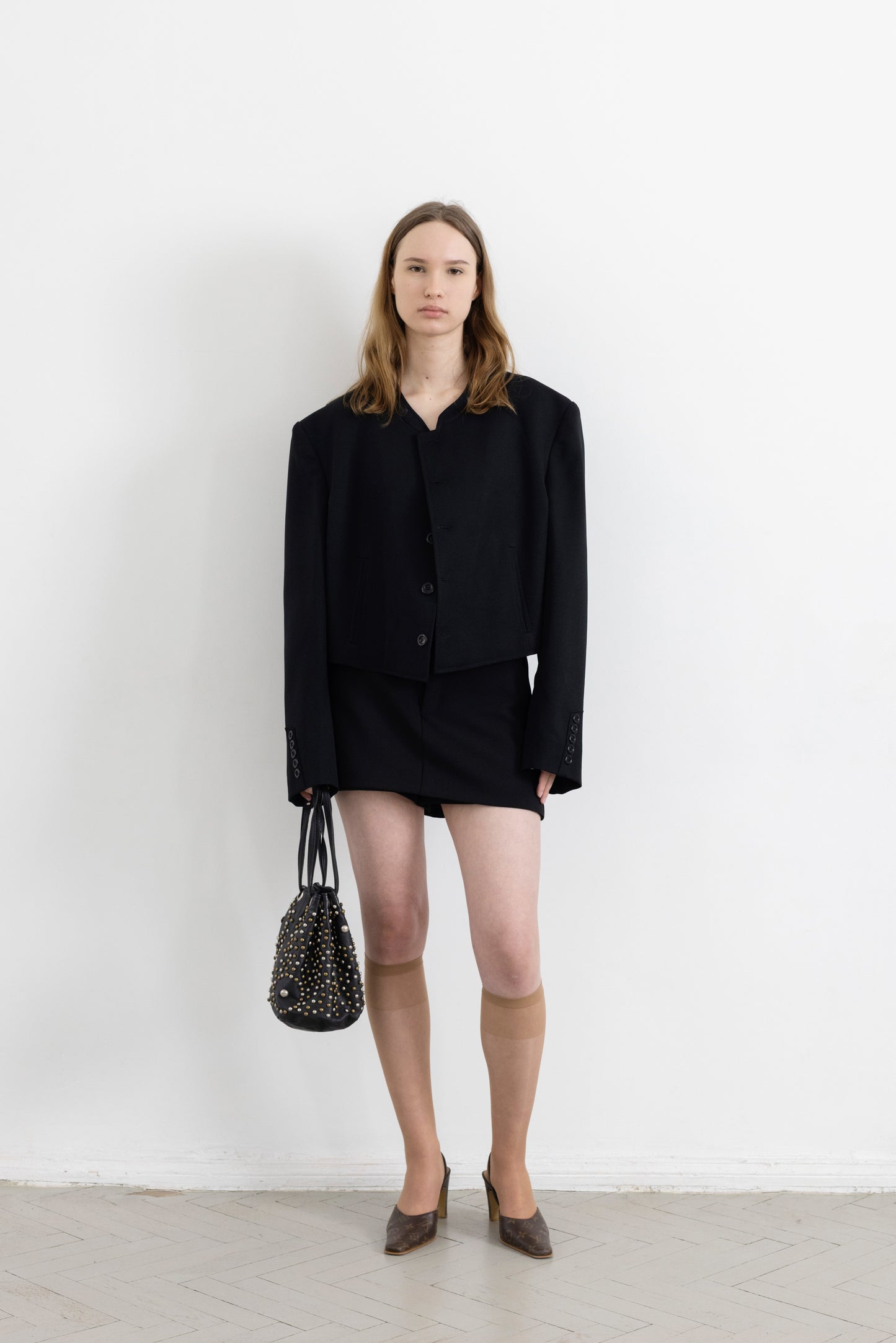 Vintage Black Mandarin Collar Cropped Blazer