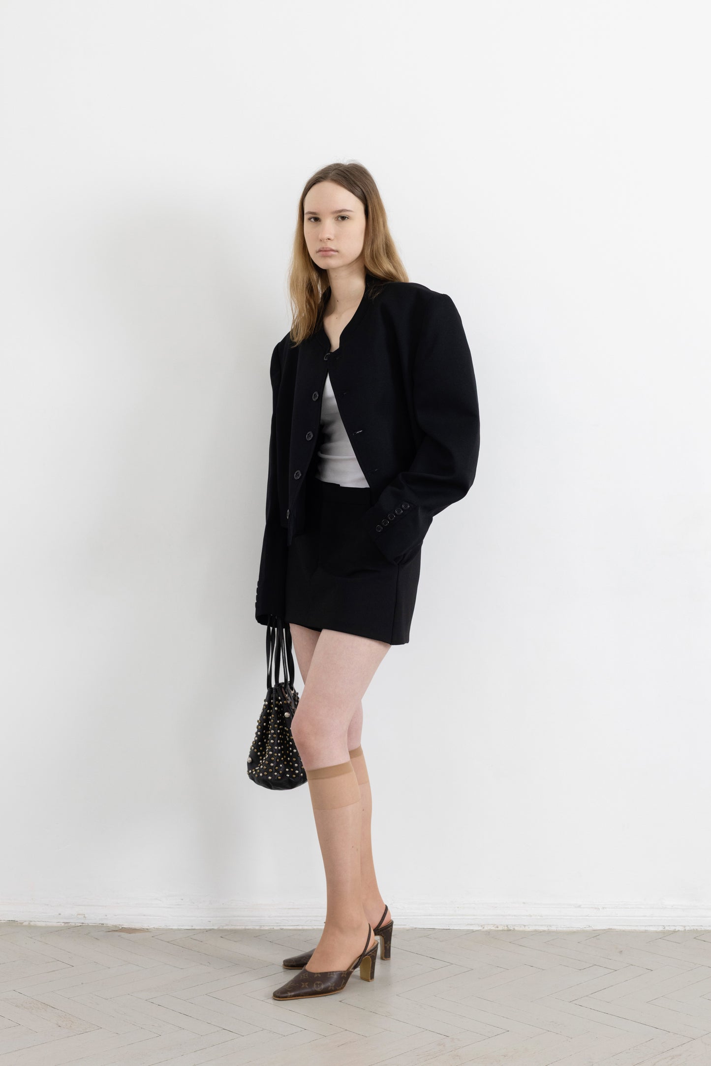 Vintage Black Mandarin Collar Cropped Blazer