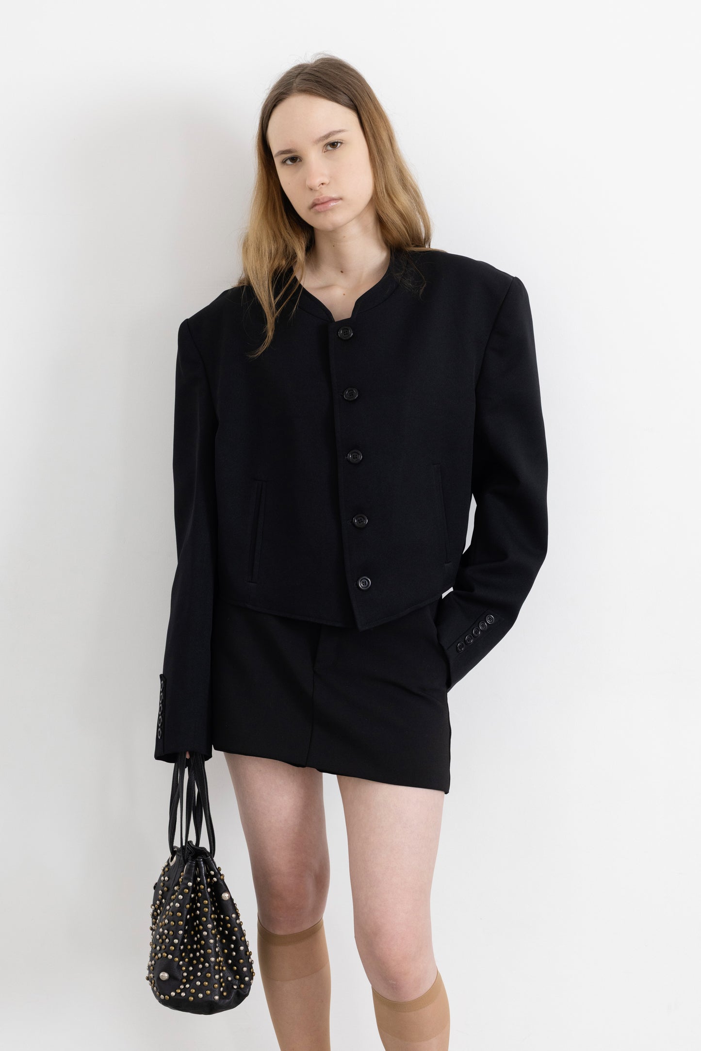 Vintage Black Mandarin Collar Cropped Blazer