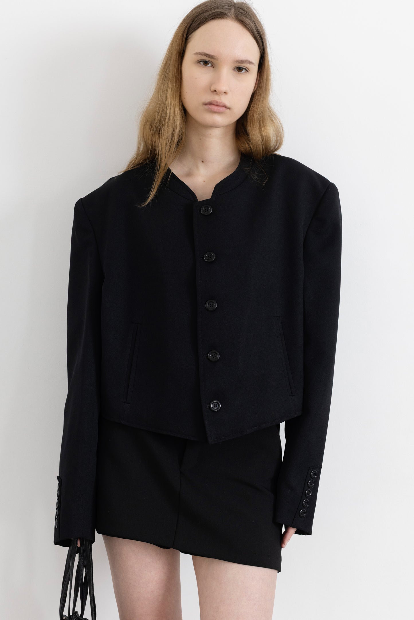 Vintage Black Mandarin Collar Cropped Blazer