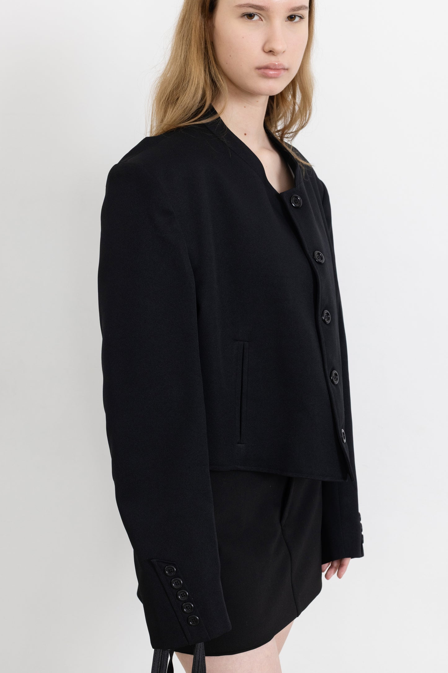 Vintage Black Mandarin Collar Cropped Blazer