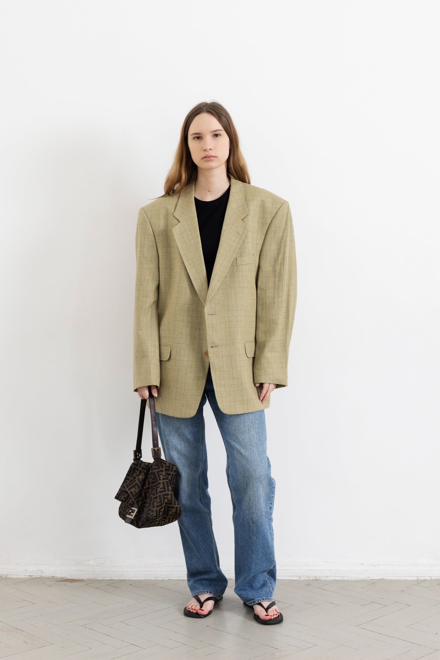 Vintage Beige Check Wool Silk Blazer