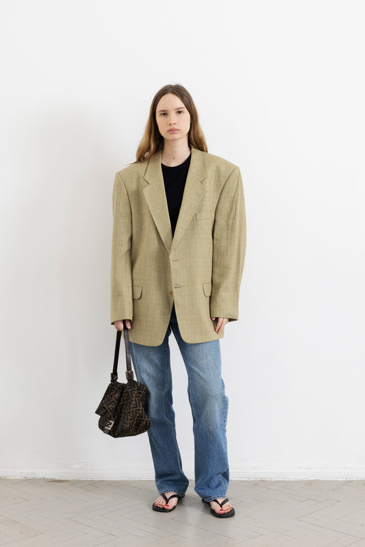 Vintage Beige Check Wool Silk Blazer