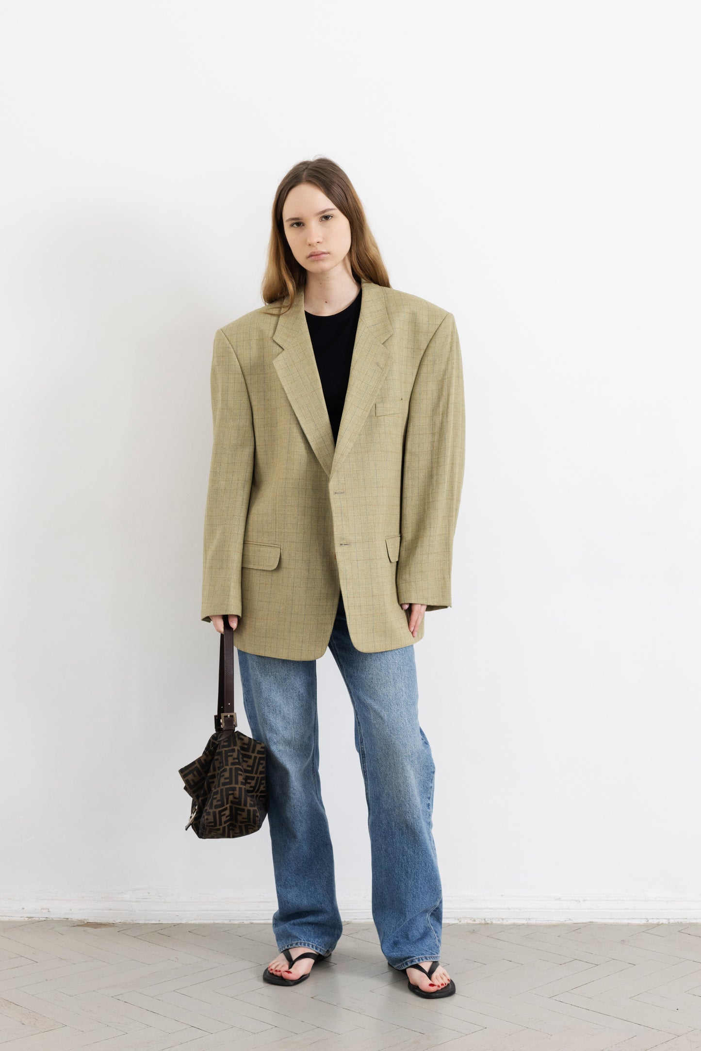Vintage Beige Check Wool Silk Blazer