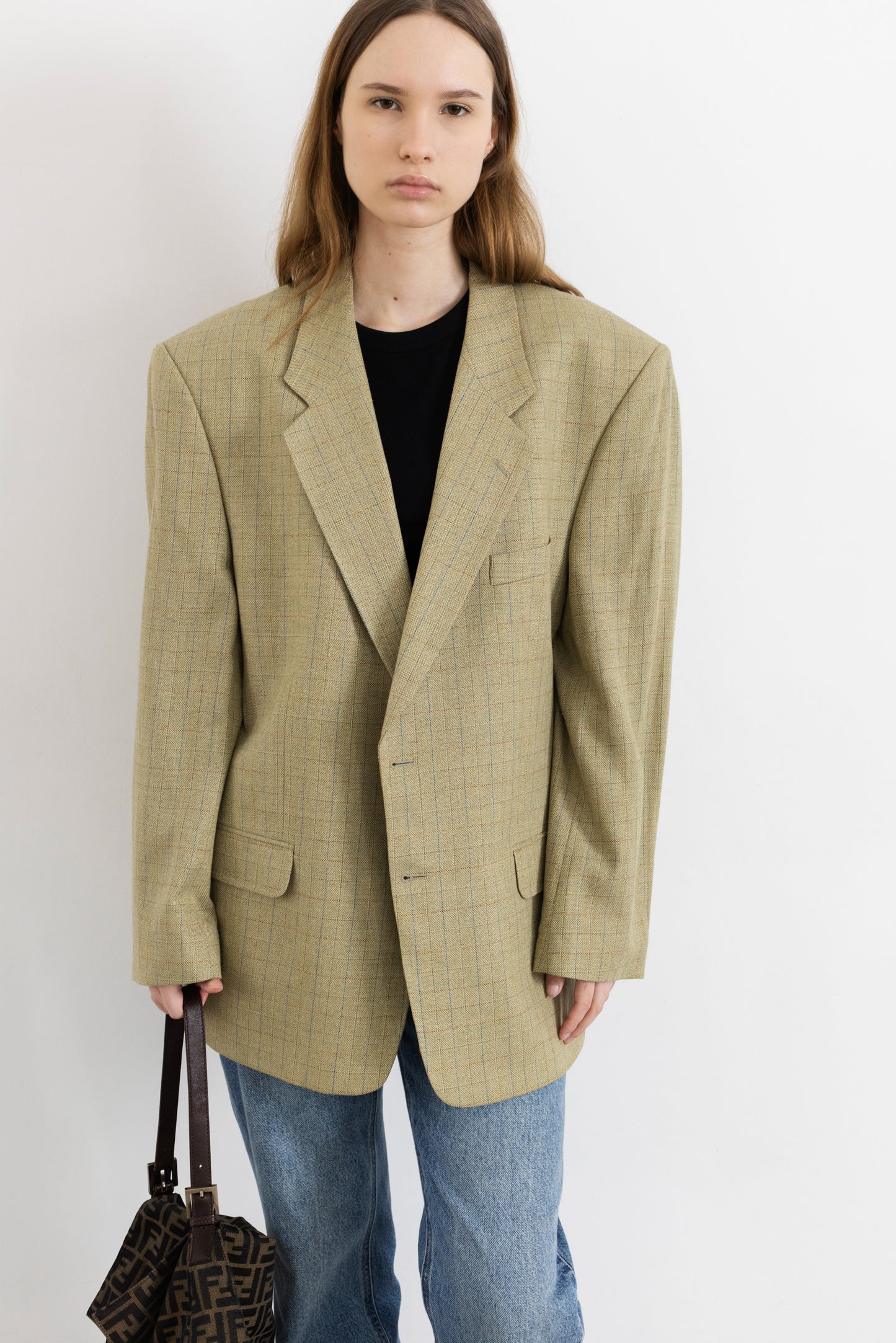Vintage Beige Check Wool Silk Blazer