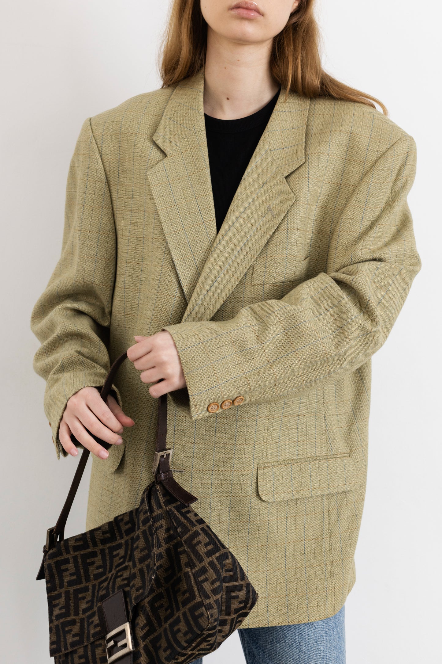 Vintage Beige Check Wool Silk Blazer