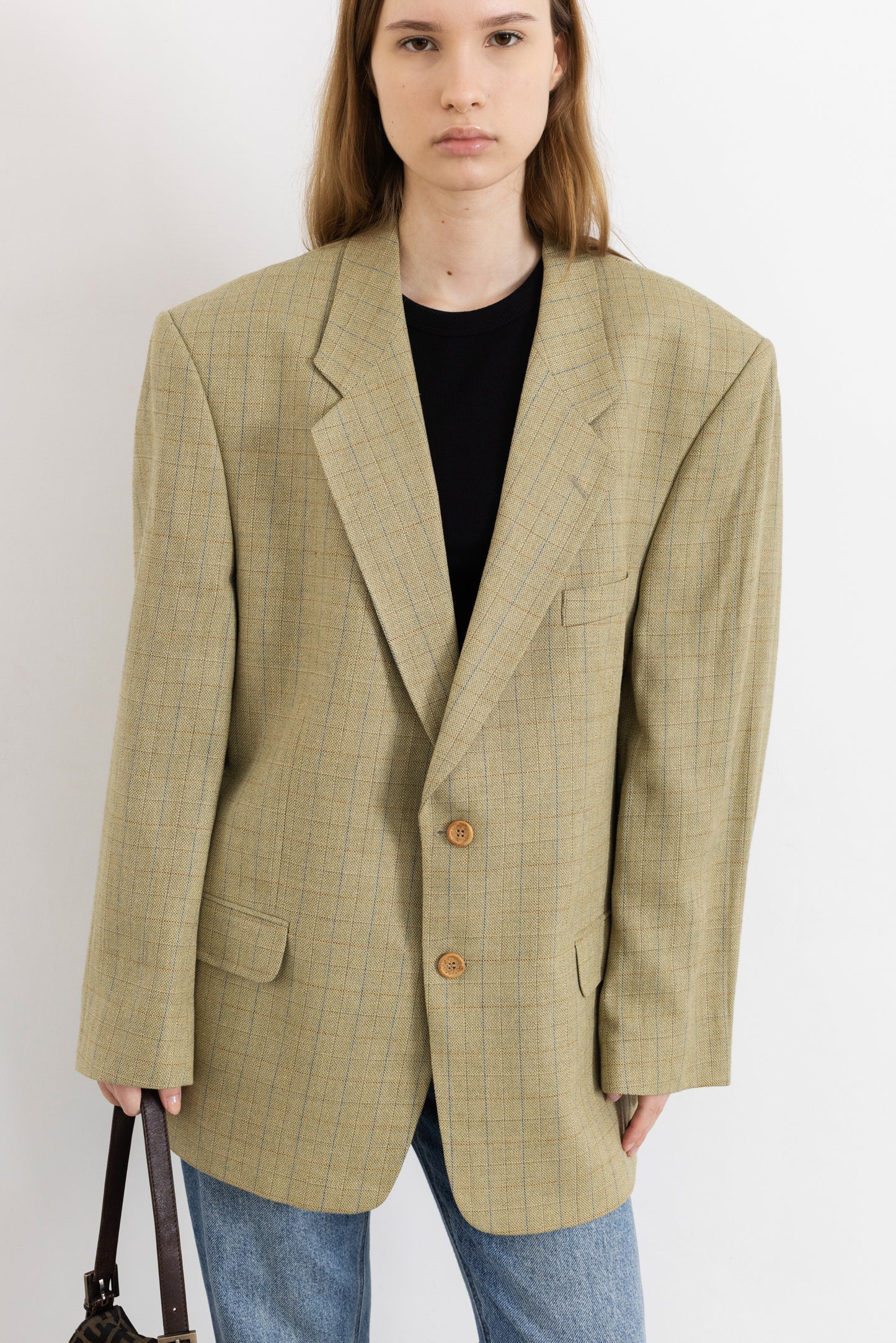 Vintage Beige Check Wool Silk Blazer