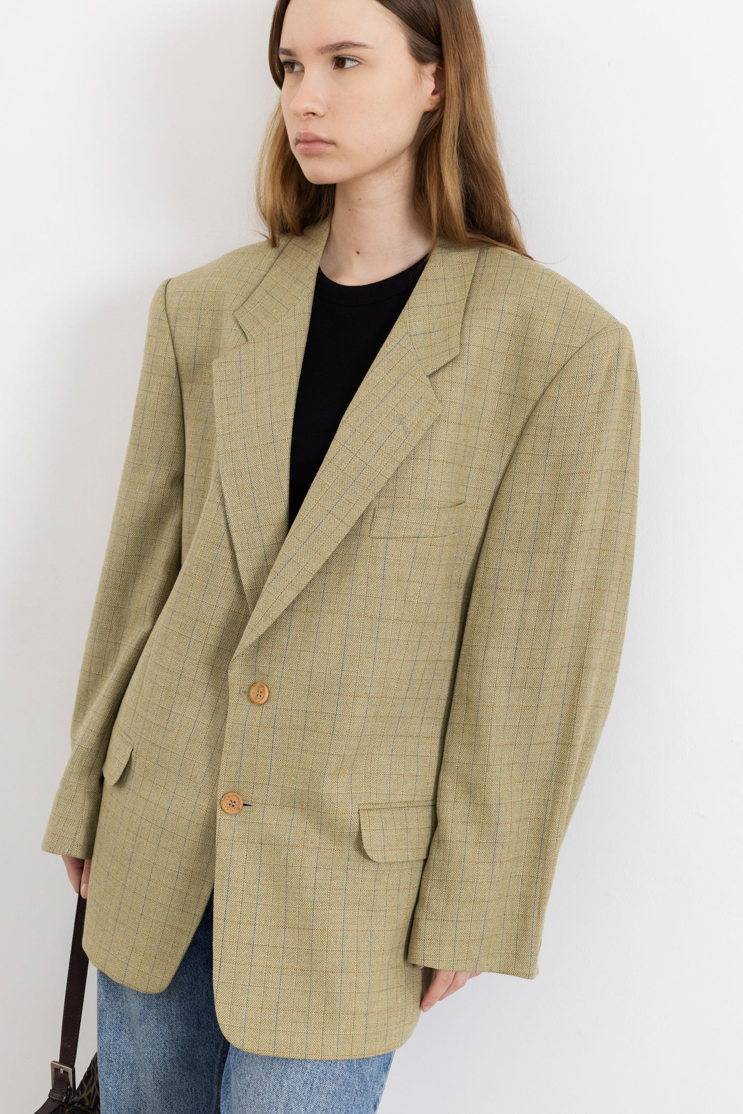 Vintage Beige Check Wool Silk Blazer