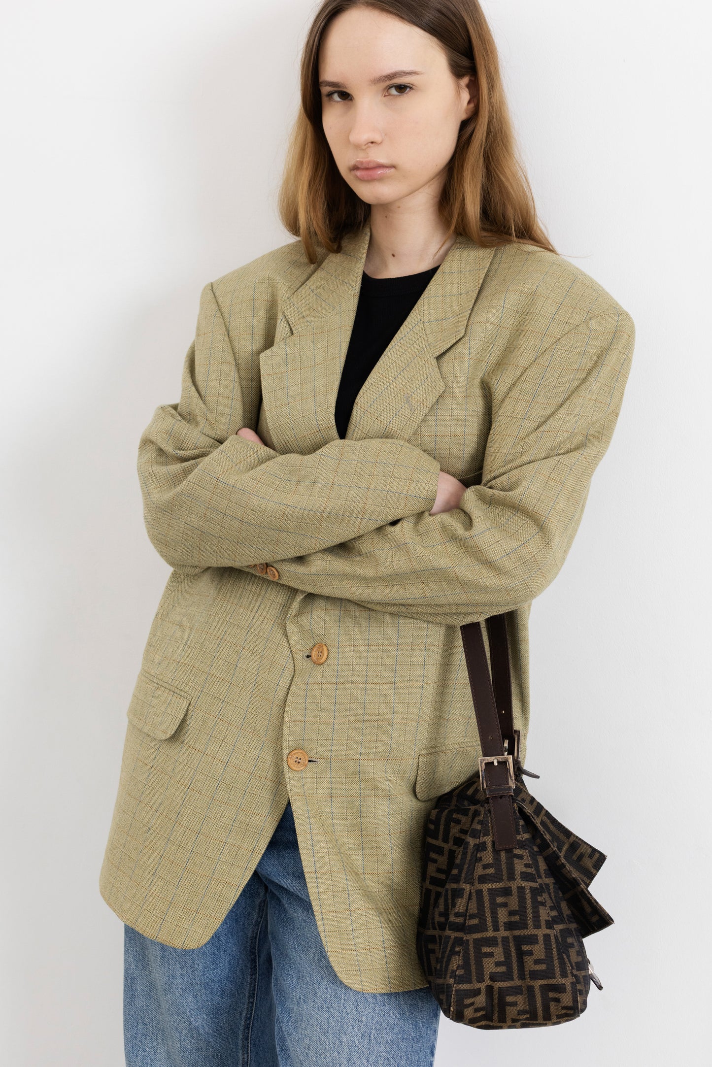 Vintage Beige Check Wool Silk Blazer