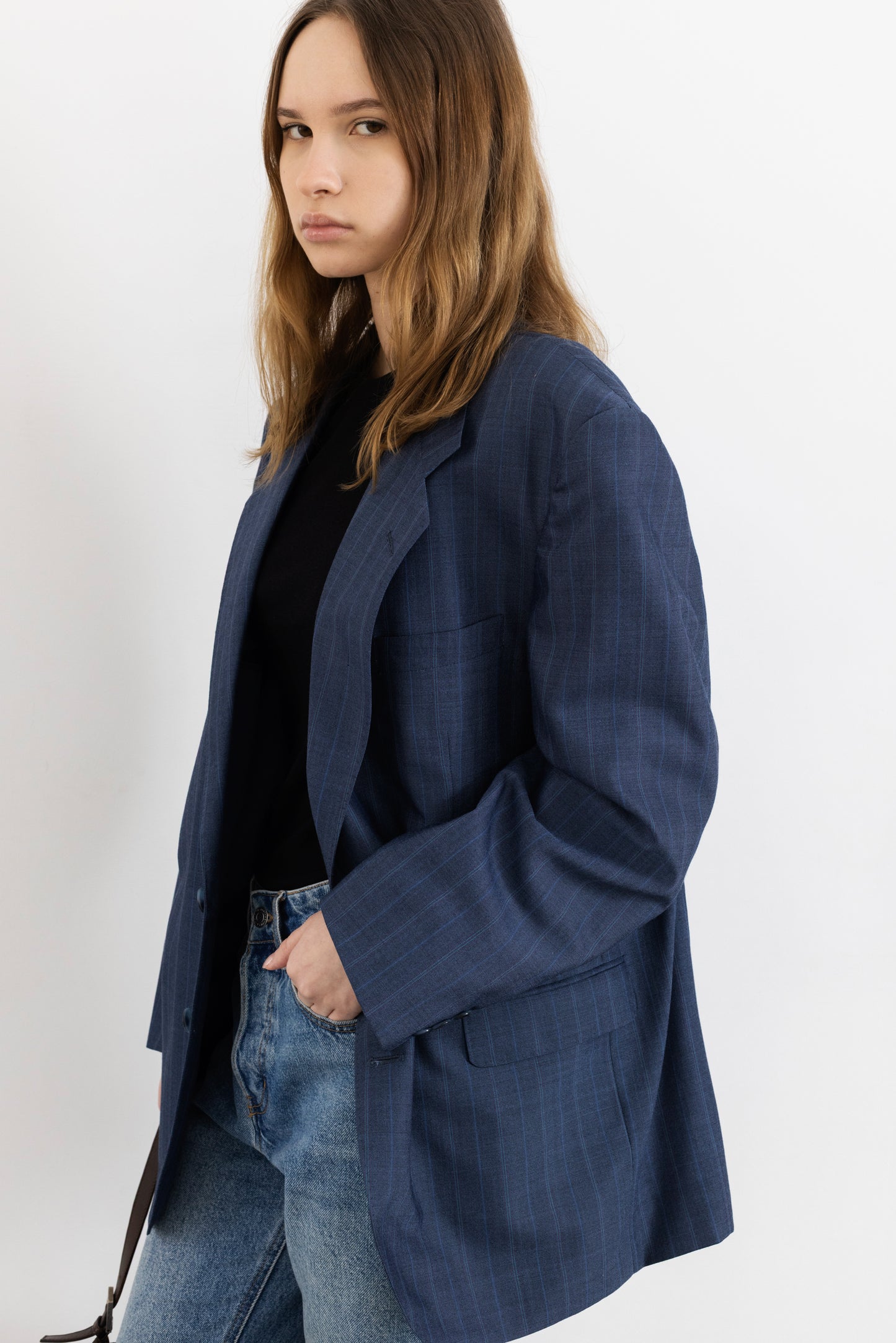 Vintage Blue Striped Wool Blazer