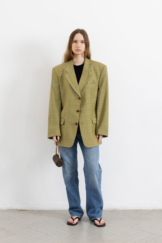 Vintage Hugo Boss Beige Plaid 100% Wool Blazer