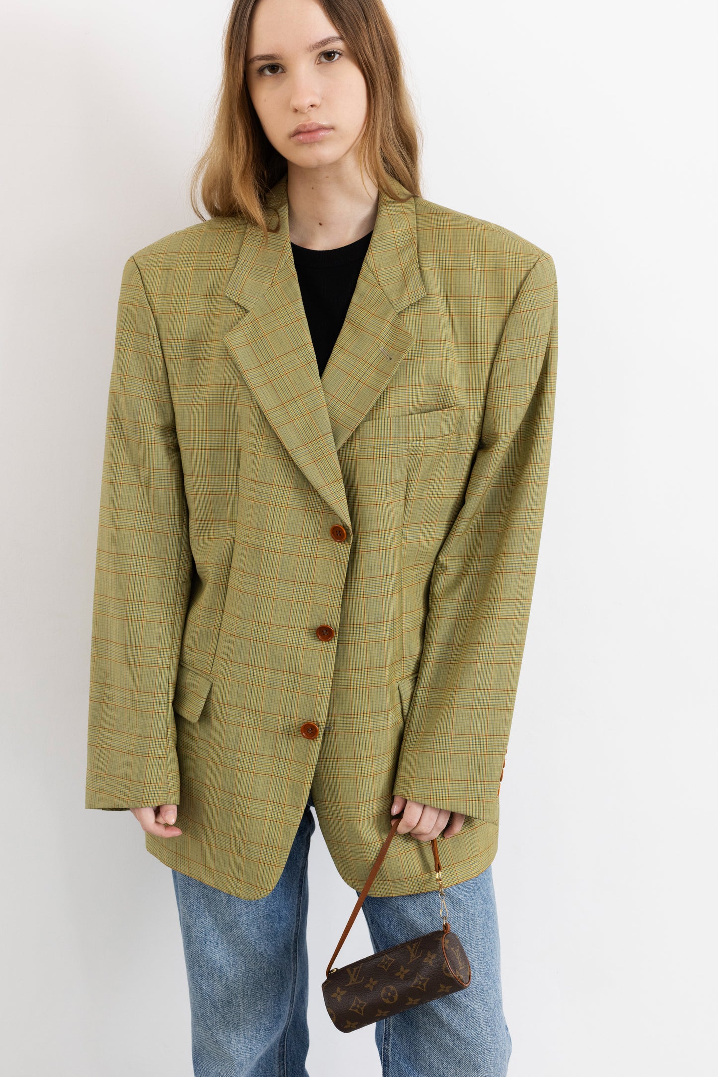 Vintage Hugo Boss Beige Plaid 100% Wool Blazer