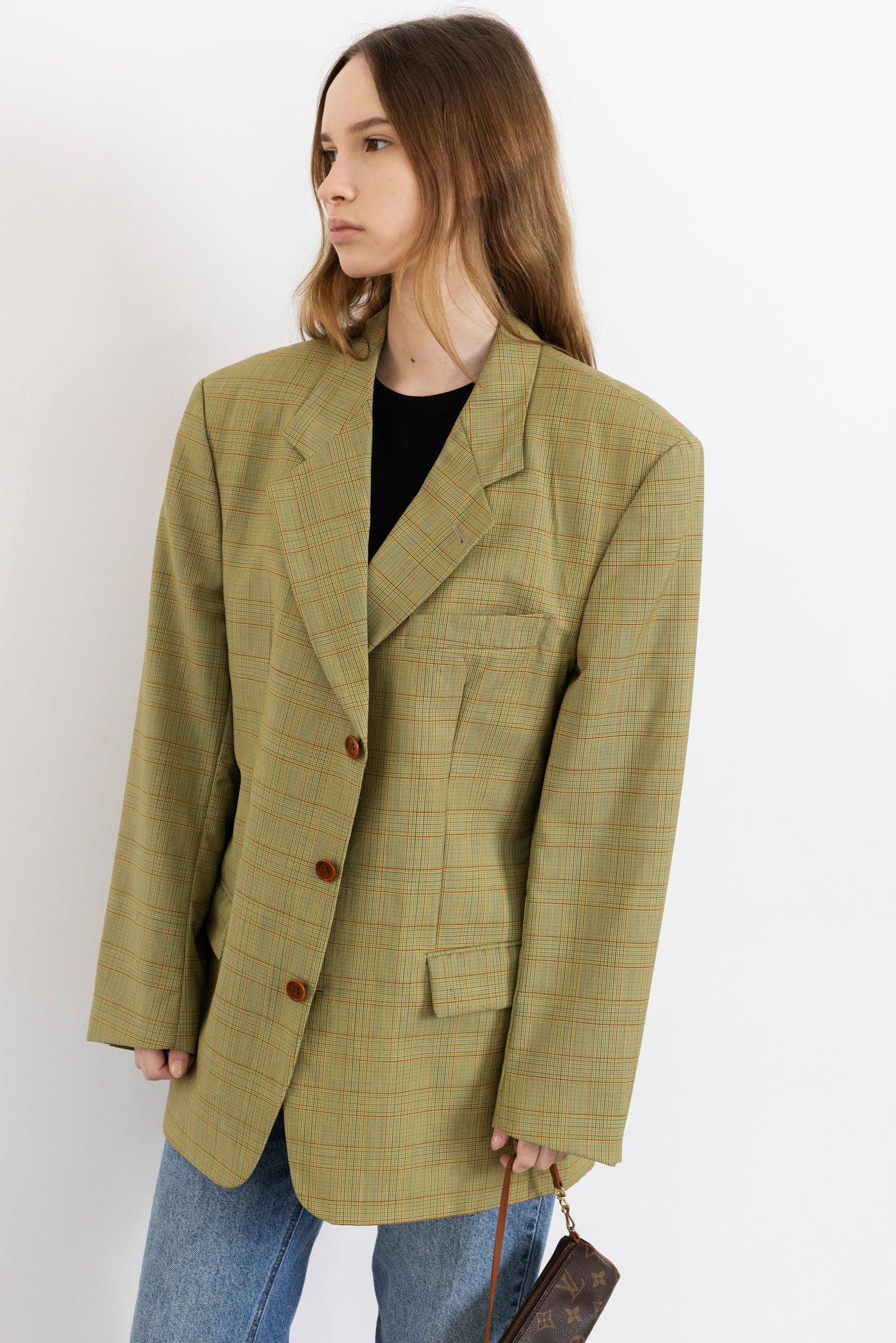 Vintage Hugo Boss Beige Plaid 100% Wool Blazer