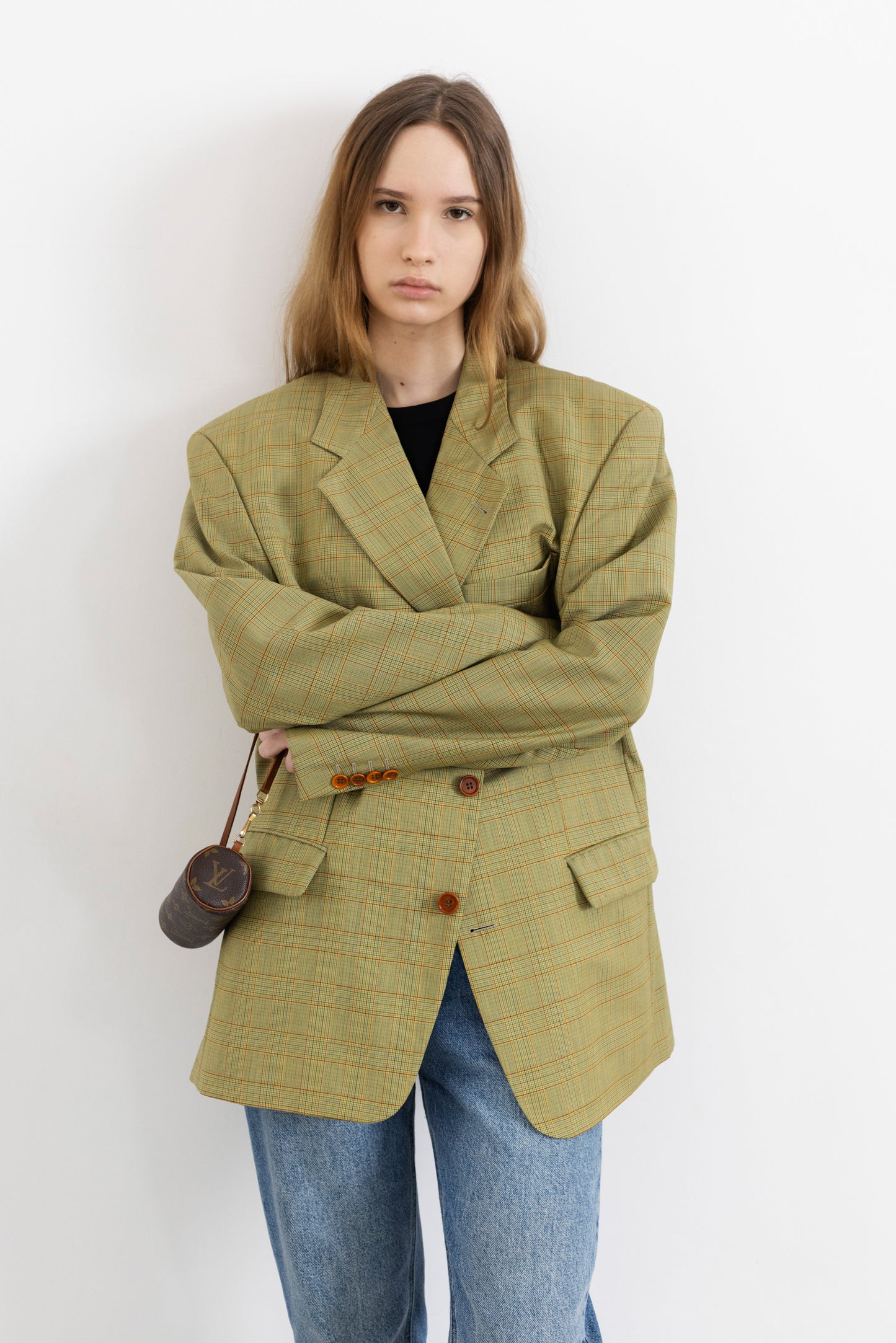 Vintage Hugo Boss Beige Plaid 100% Wool Blazer
