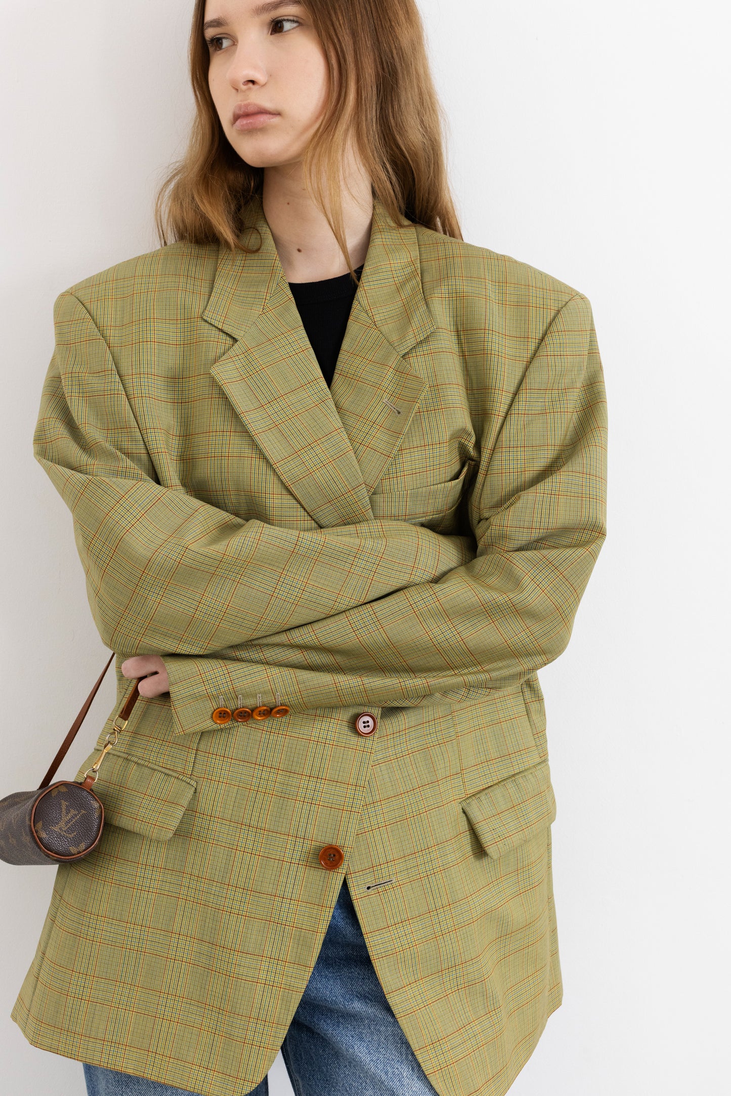 Vintage Hugo Boss Beige Plaid 100% Wool Blazer