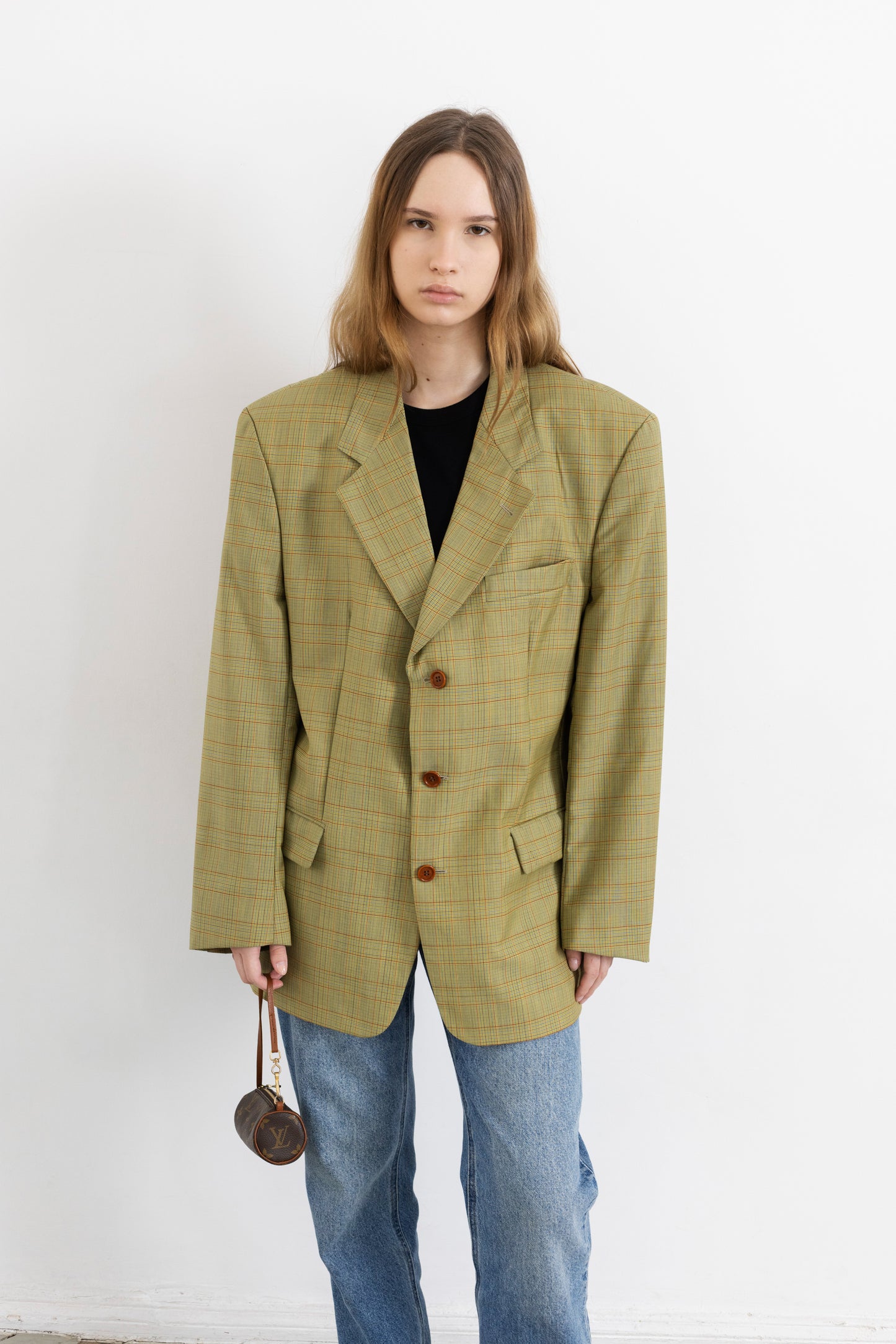 Vintage Hugo Boss Beige Plaid 100% Wool Blazer