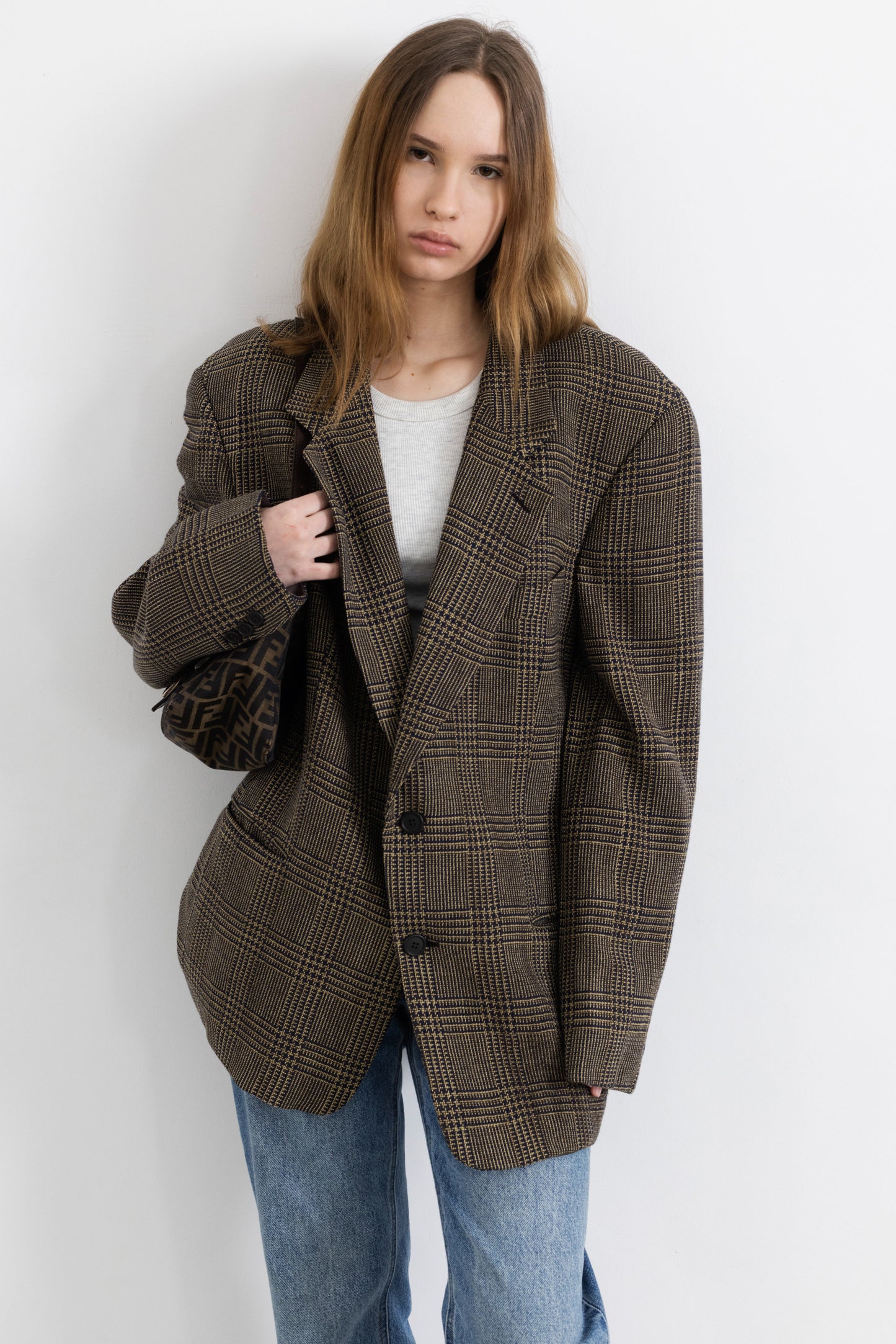 Vintage Giorgio Armani Brown Plaid 100% Wool Blazer
