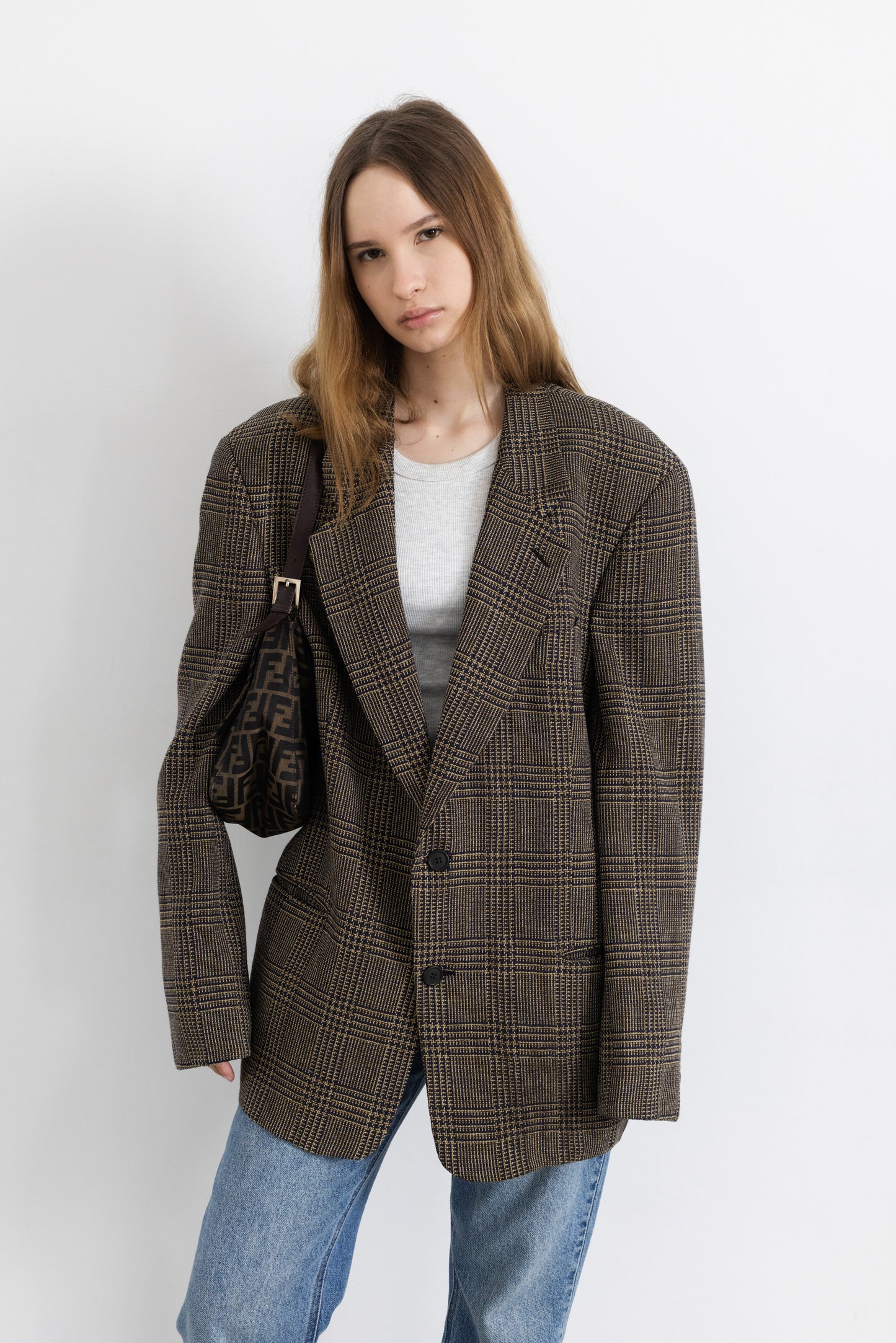 Vintage Giorgio Armani Brown Plaid 100% Wool Blazer