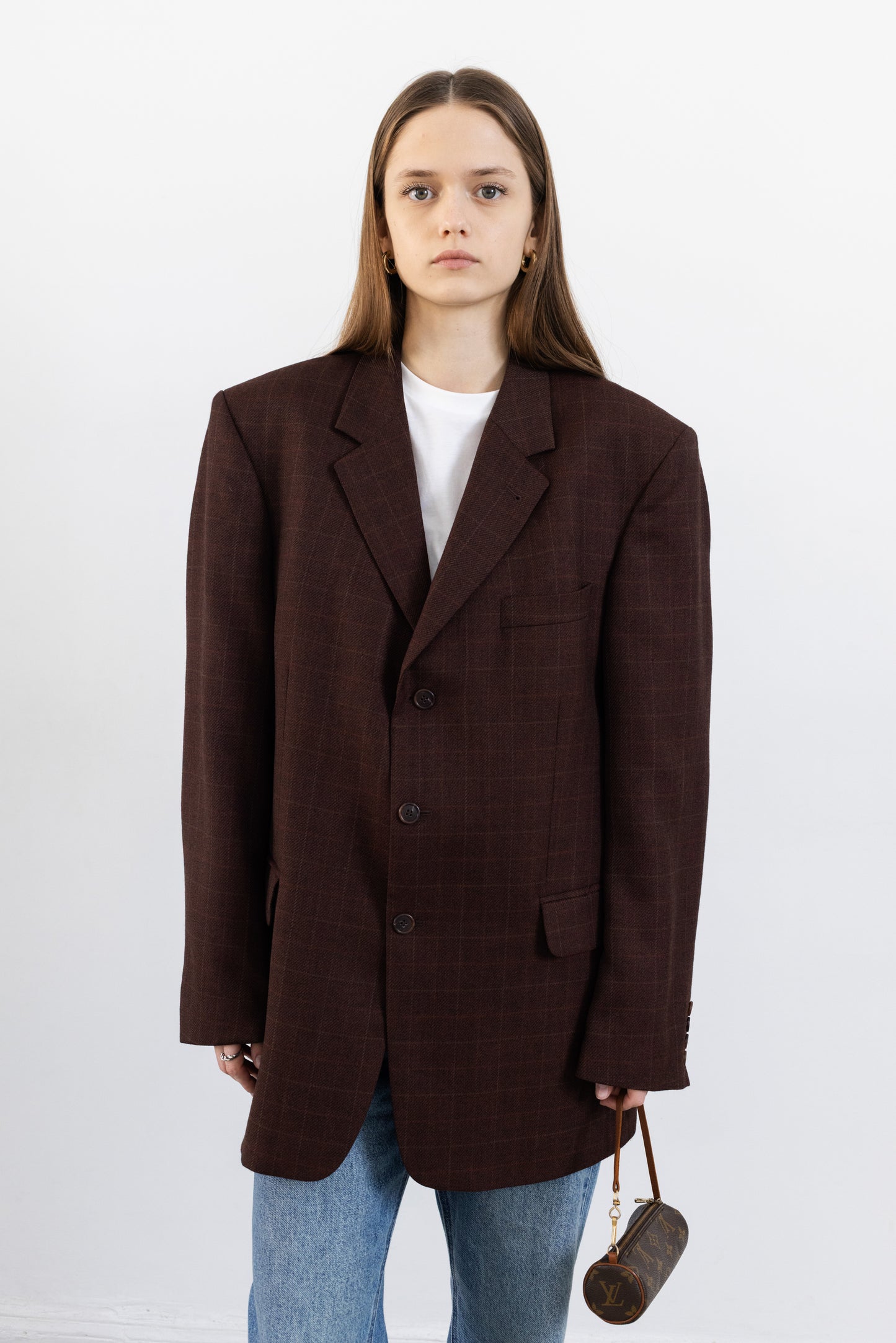 Vintage Bordeaux Windowpane Wool Blazer