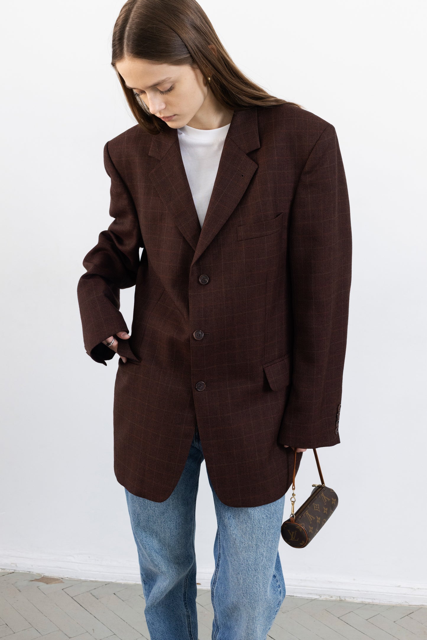 Vintage Bordeaux Windowpane Wool Blazer