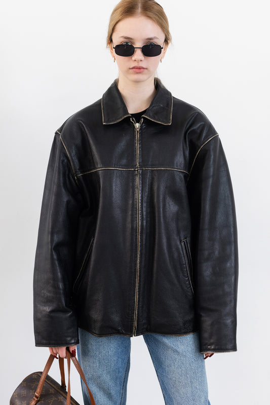 Vintage Boxy Leather Jacket With Faded Seams