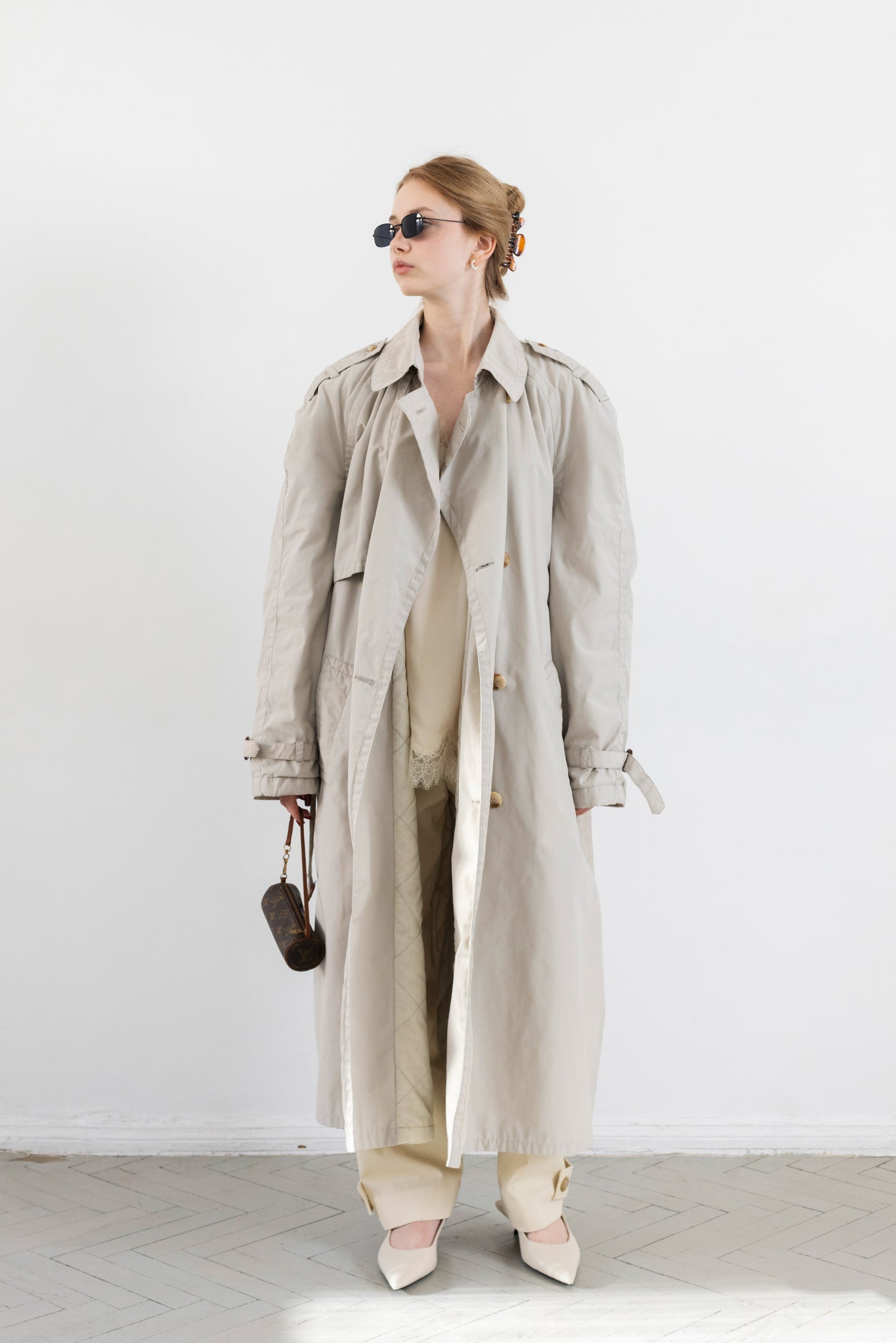 Vintage Light Beige Padded Trench Coat