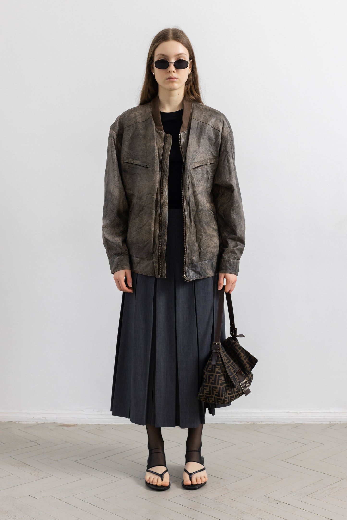 Vintage Brown Distressed Leather Bomber Jacket