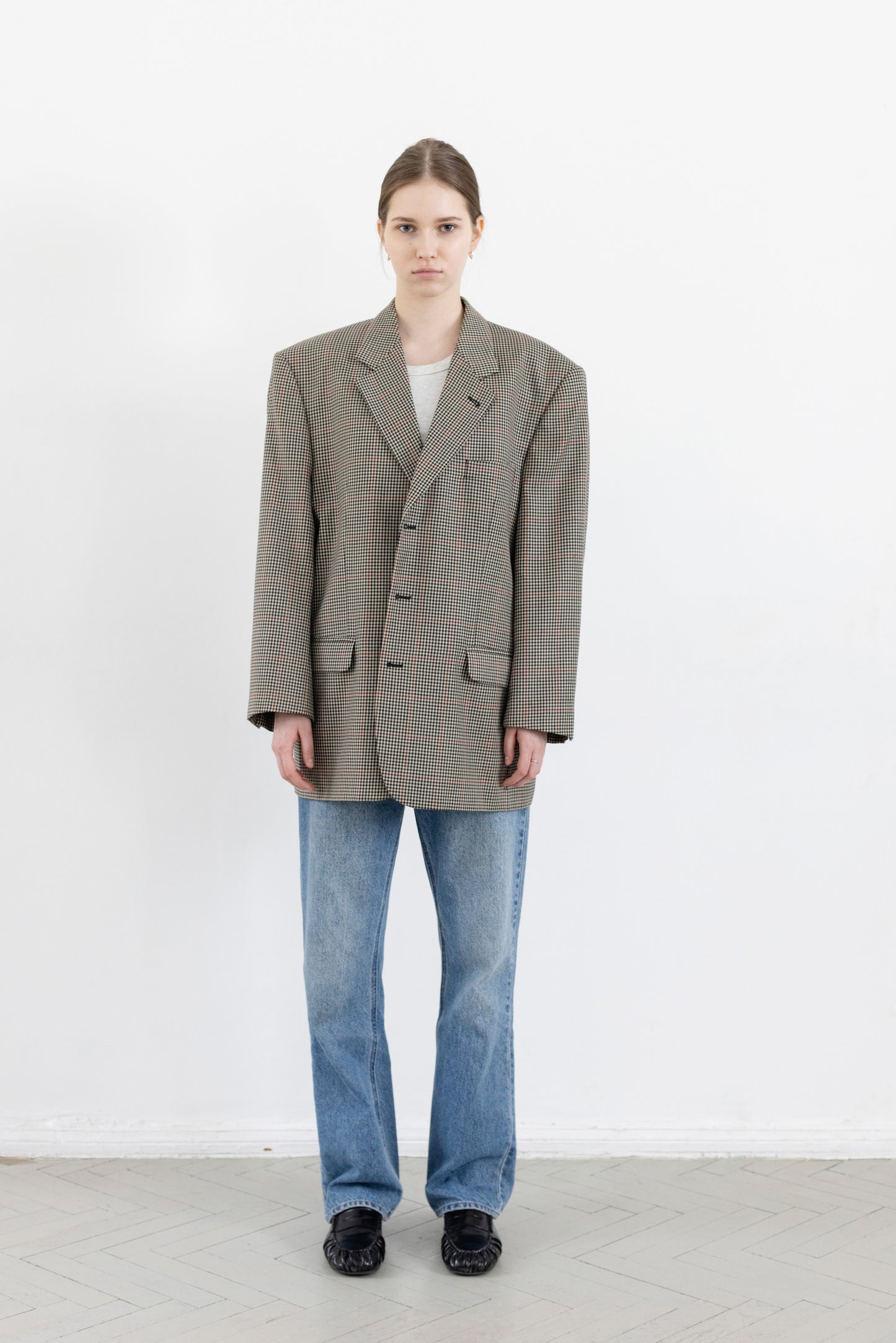Vintage Beige Houndstooth Wool Blazer