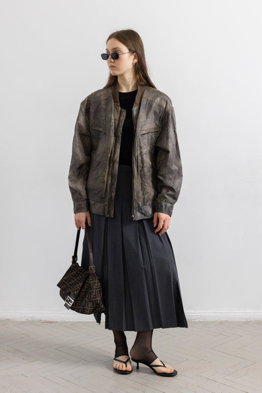 Vintage Brown Distressed Leather Bomber Jacket