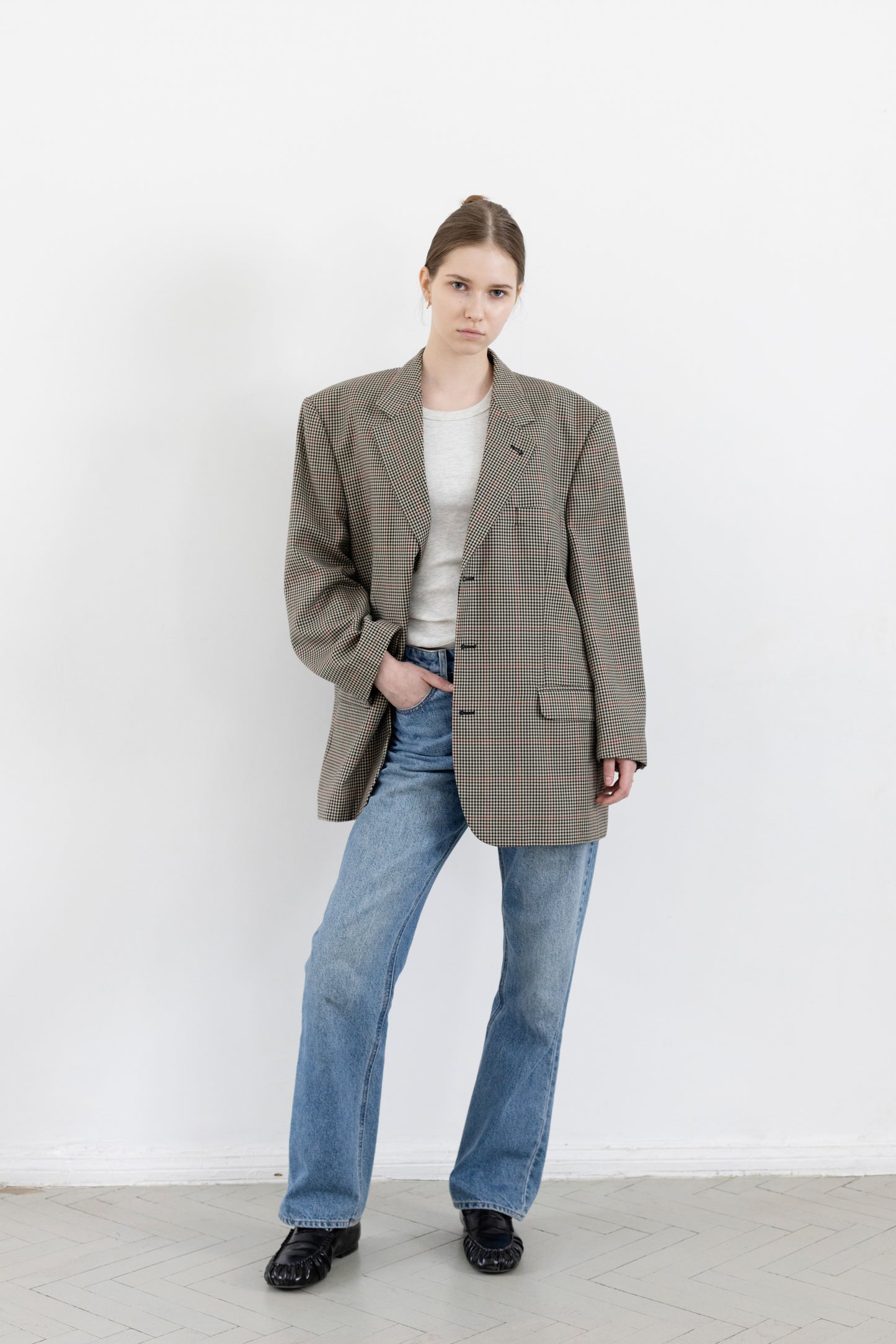 Vintage Beige Houndstooth Wool Blazer